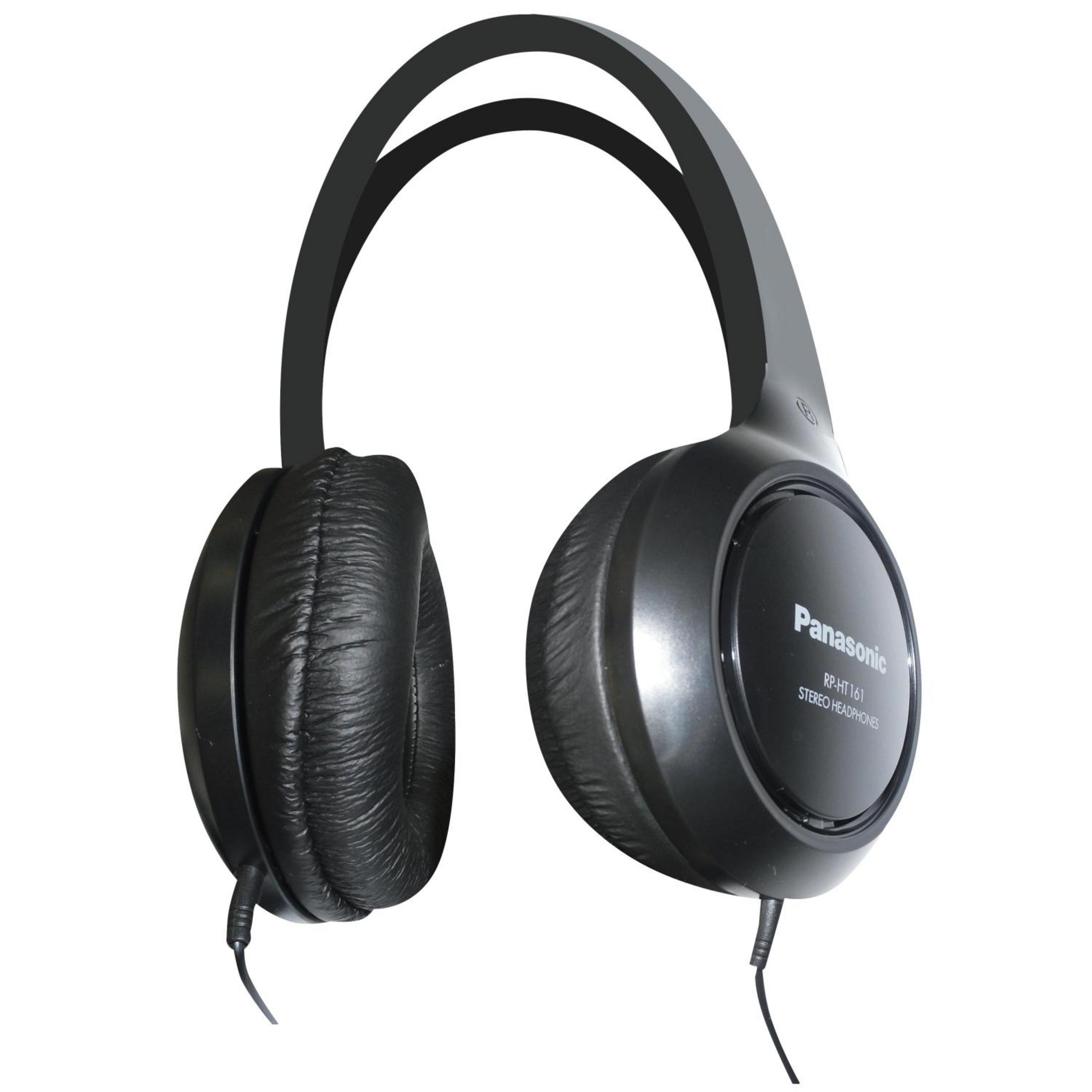 Schwarze Panasonic Stereo-Kopfhörer, isoliert auf weißem Hintergrund, beide Ohrmuscheln zeigend.