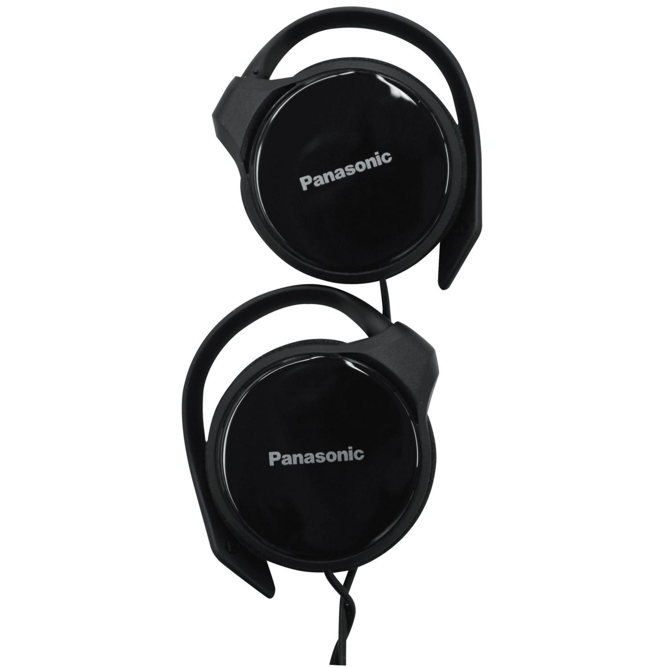 Schwarze Panasonic Kopfhörer. Die Kopfhörer haben ein kreisförmiges Design und ein Nackenband. Weißer Hintergrund.