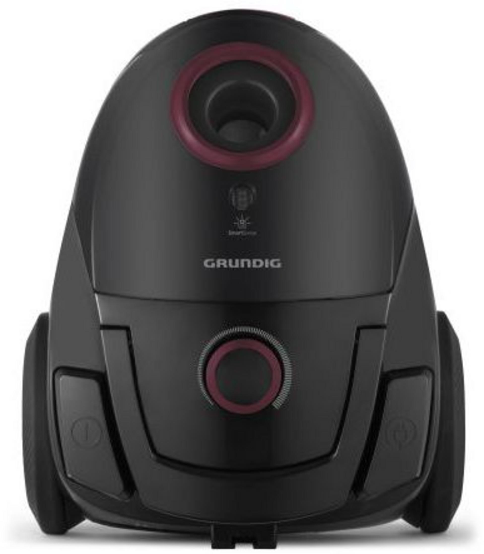 Czarny odkurzacz z bordowym akcentem na górze i okrągłym pokrętłem, na białym tle.