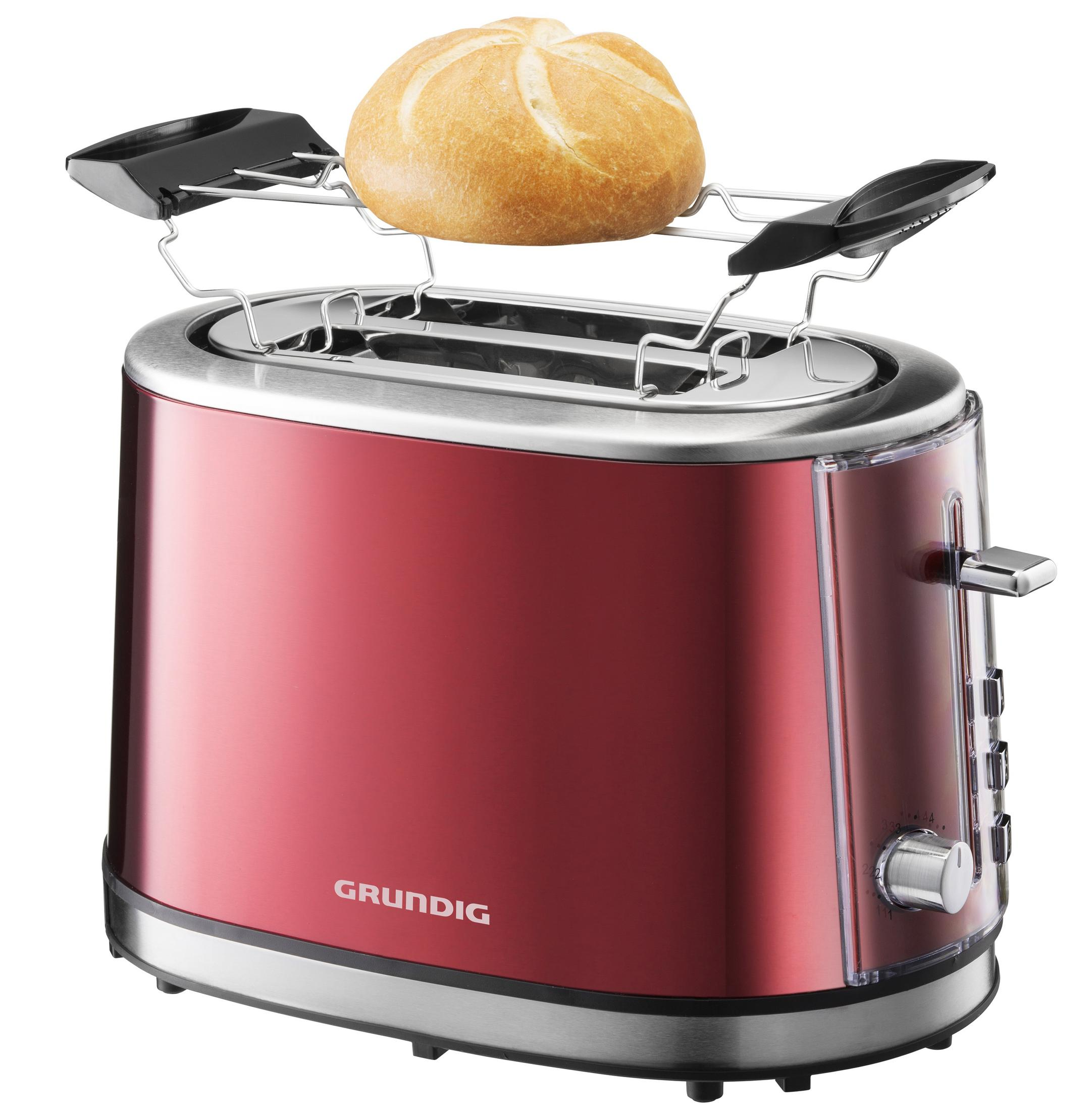 Tostapane Grundig rosso con panino sopra, elementi in acciaio inossidabile.
