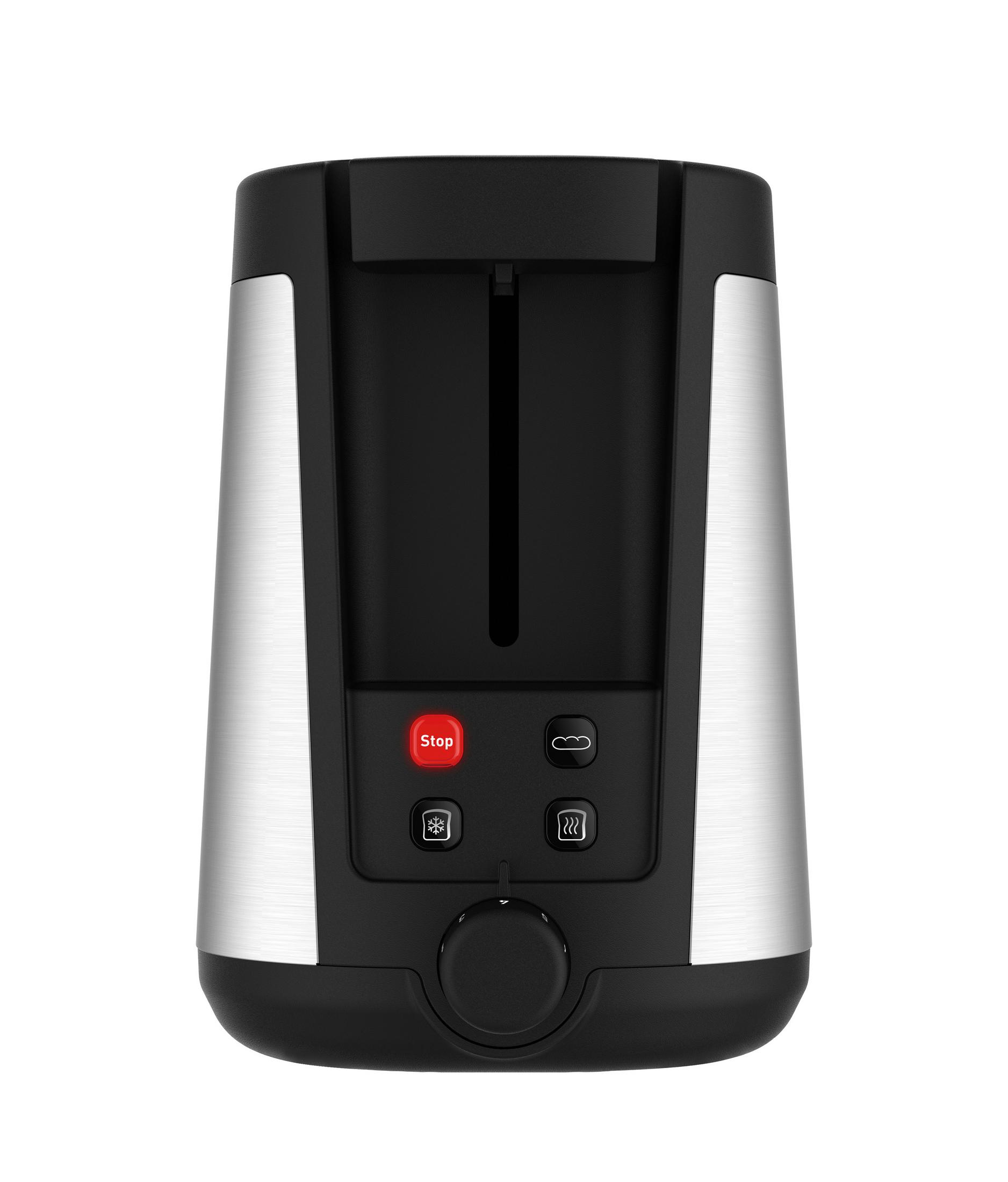 Czarny i srebrny toster z czerwonym przyciskiem stop i trzema innymi przyciskami.
