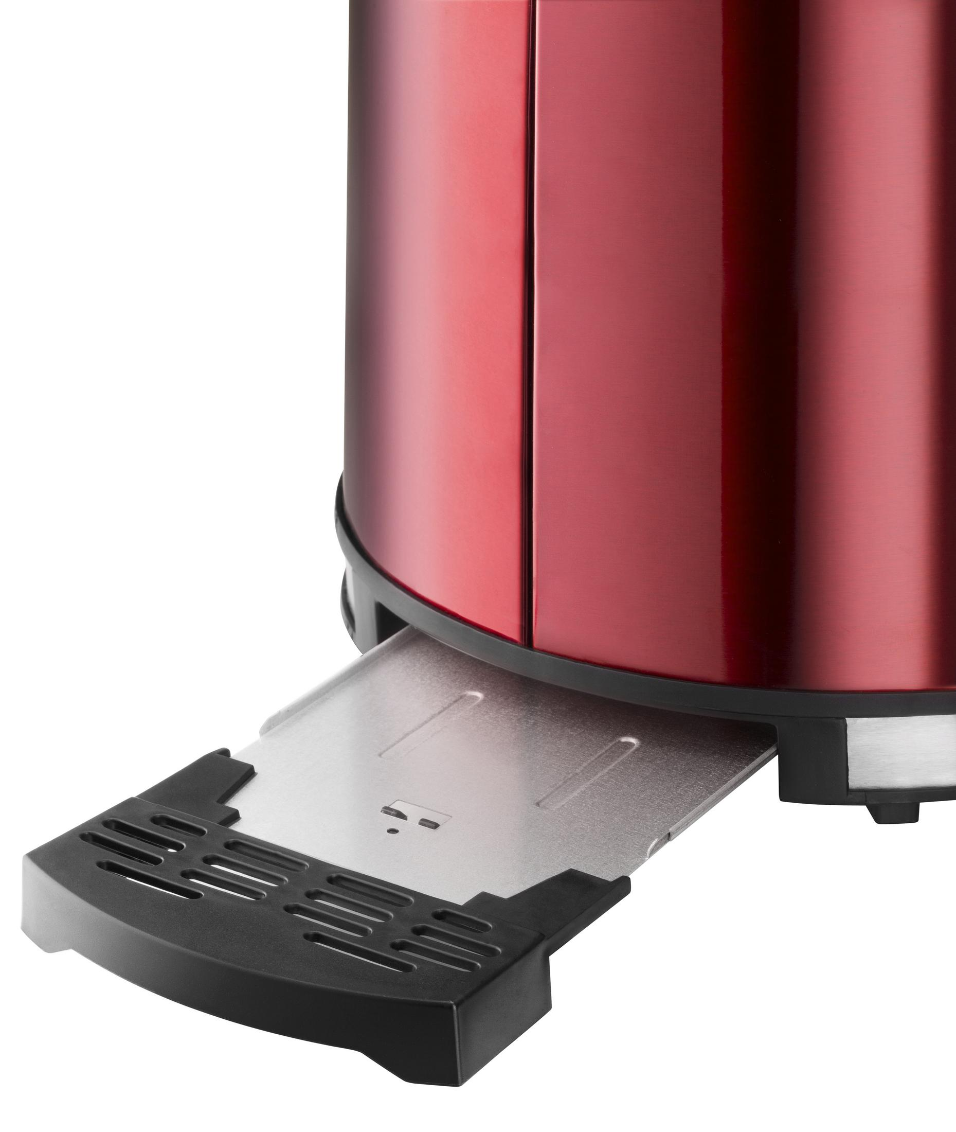 Tostapane rosso con vassoio fuori. Base e manico neri. Vassoio in acciaio inossidabile visibile.