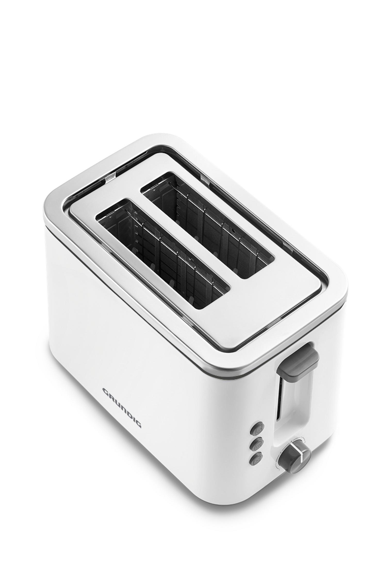 Weißer Grundig Toaster mit zwei Schlitzen, silberner Oberseite und drei Knöpfen vorne.