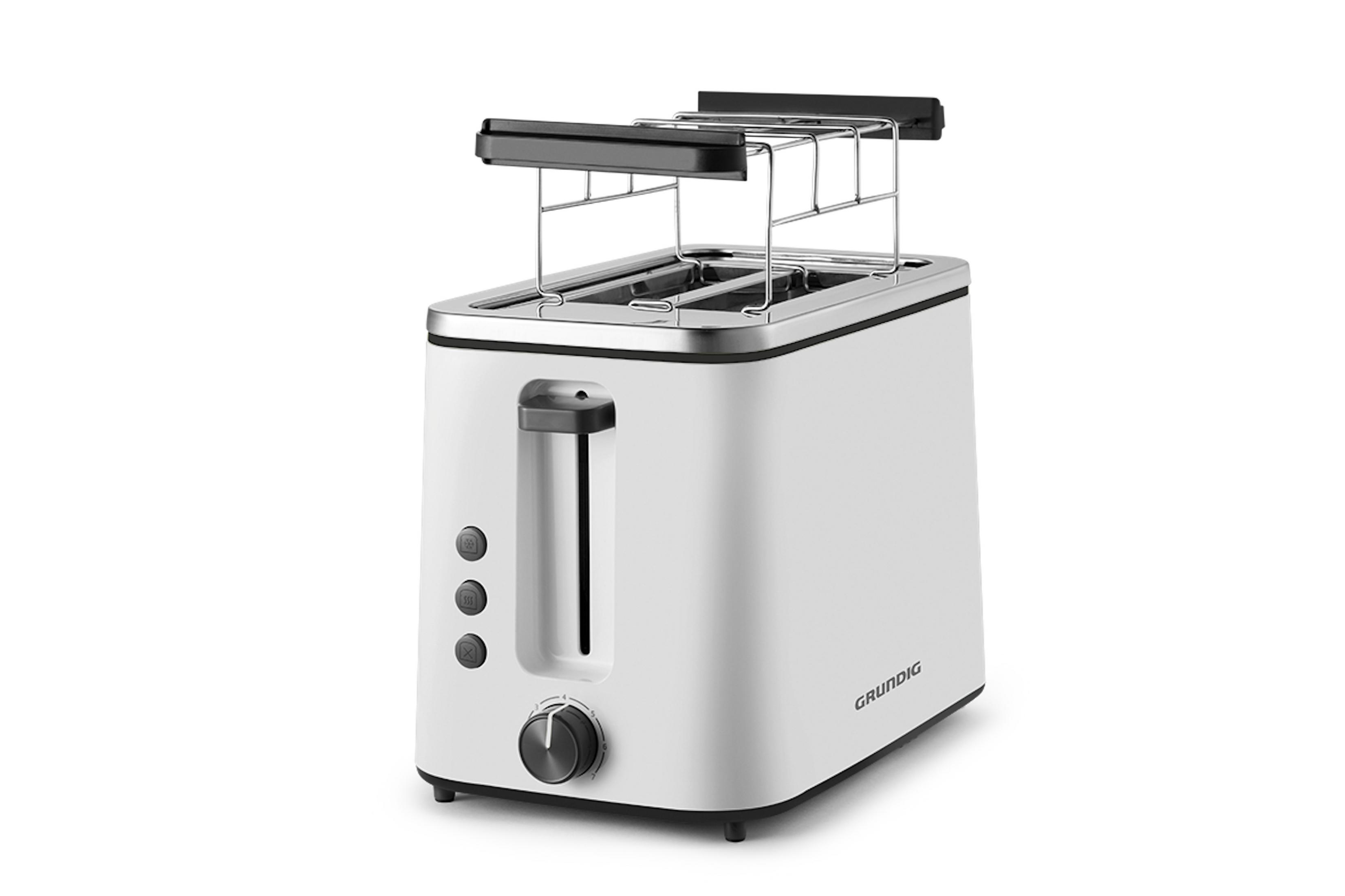 Weißer Grundig-Toaster mit zwei Schlitzen, einem Hebel und einem Drehregler auf weißem Hintergrund.