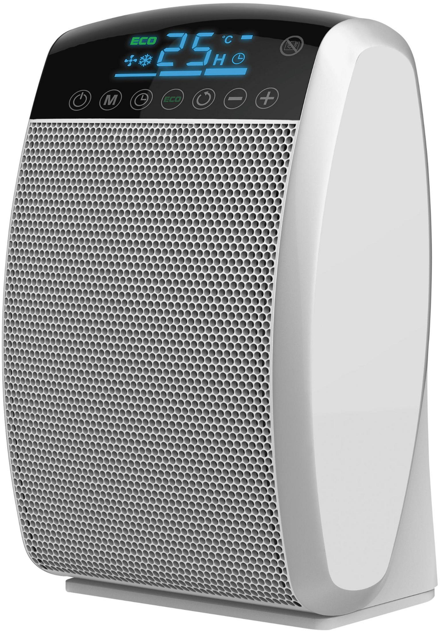 Biały grzejnik elektryczny z wyświetlaczem cyfrowym i kratką o strukturze plastra miodu.