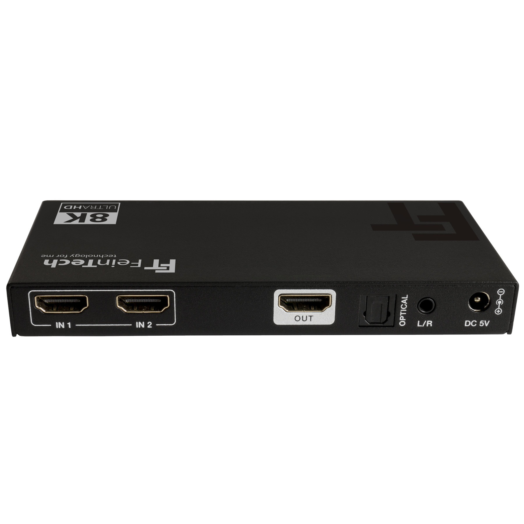 Schwarzer HDMI-Umschalter mit mehreren Anschlüssen auf weißem Hintergrund. Auf der Vorderseite 8K ULTRA HD.