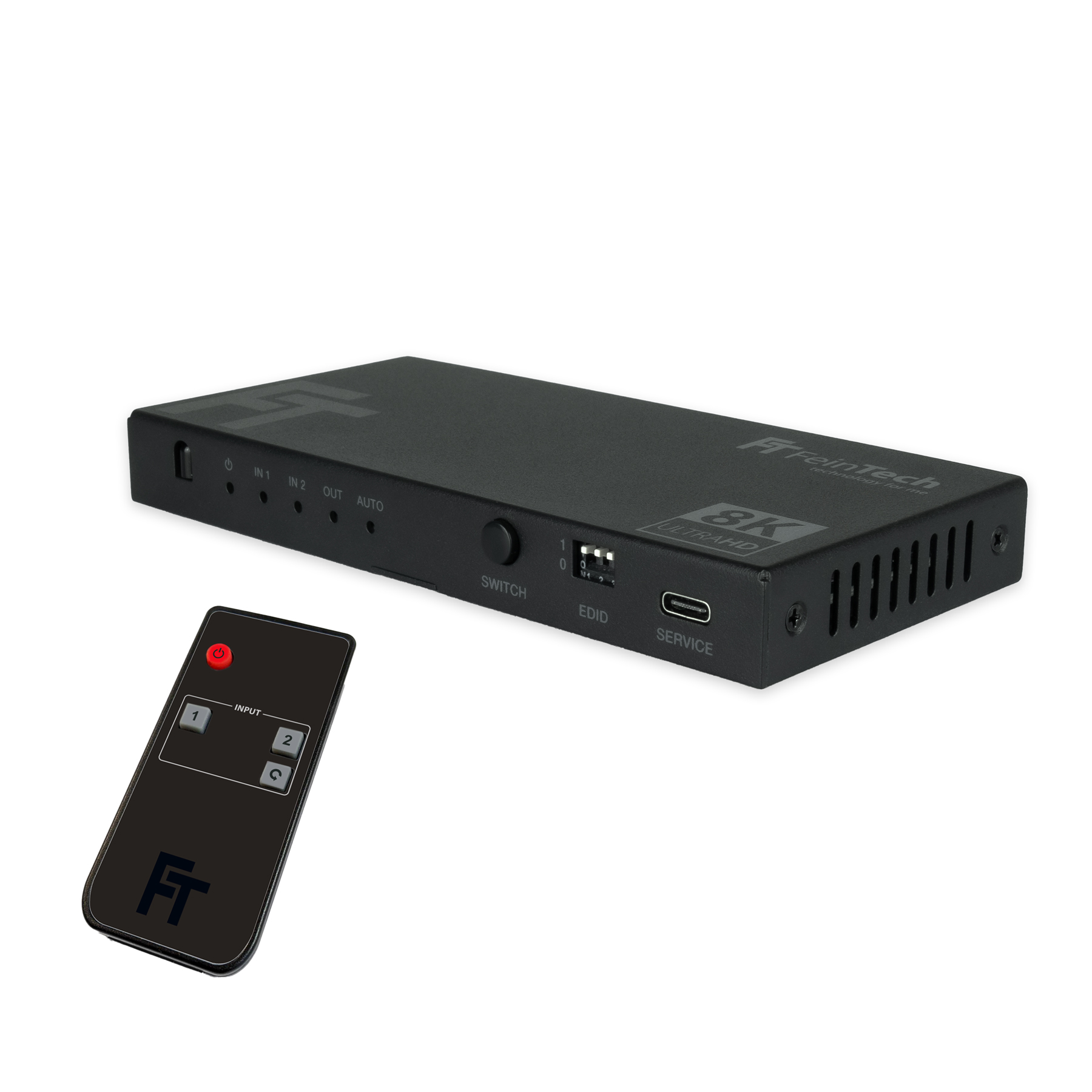 Schwarzer 8K HDMI-Switch mit Fernbedienung. Textbeschriftungen sind ebenfalls sichtbar.