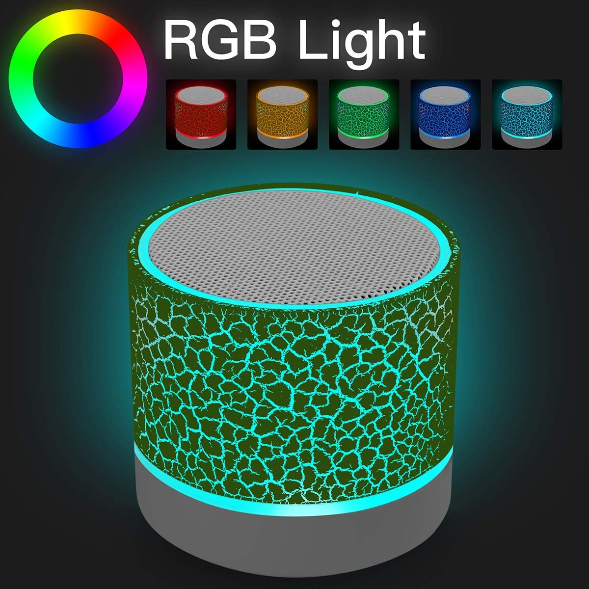 Kleiner RGB-Lautsprecher mit Rissmuster, zeigt verschiedene Farben.