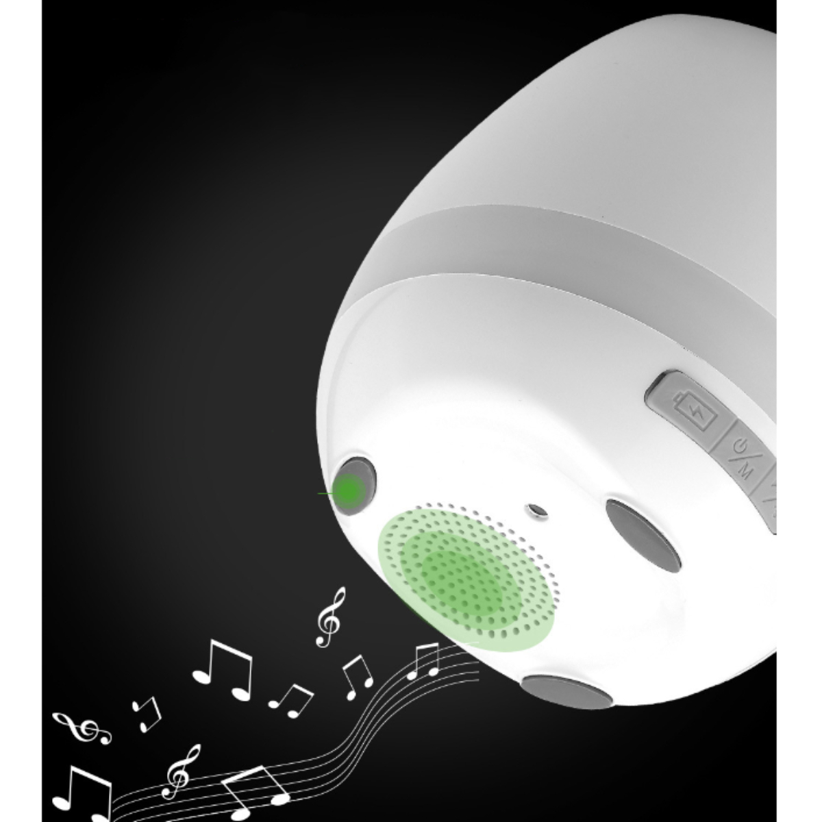Weißer, eiförmiger Lautsprecher mit grünem Licht, Musiknoten auf schwarzem Hintergrund.