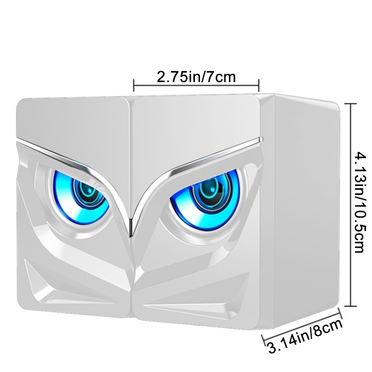 Weißer Lautsprecher mit Eulenaugen-Design, blau leuchtende Augen. Abmessungen sind angegeben.