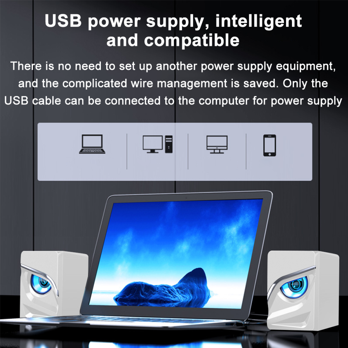 Lautsprecher mit Eulenaugen neben einem Laptop. Text besagt USB-Stromversorgung, intelligent und kompatibel.