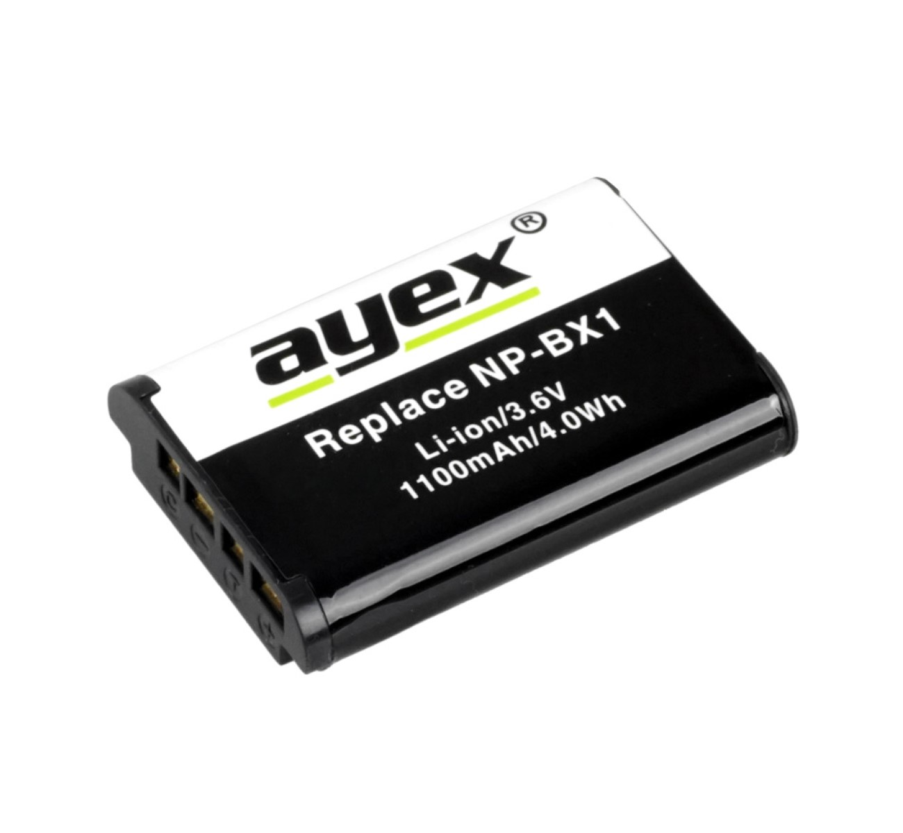 Eine schwarz-weiße Ayex-Batterie für eine Kamera. Es ist ein Ersatzakku.