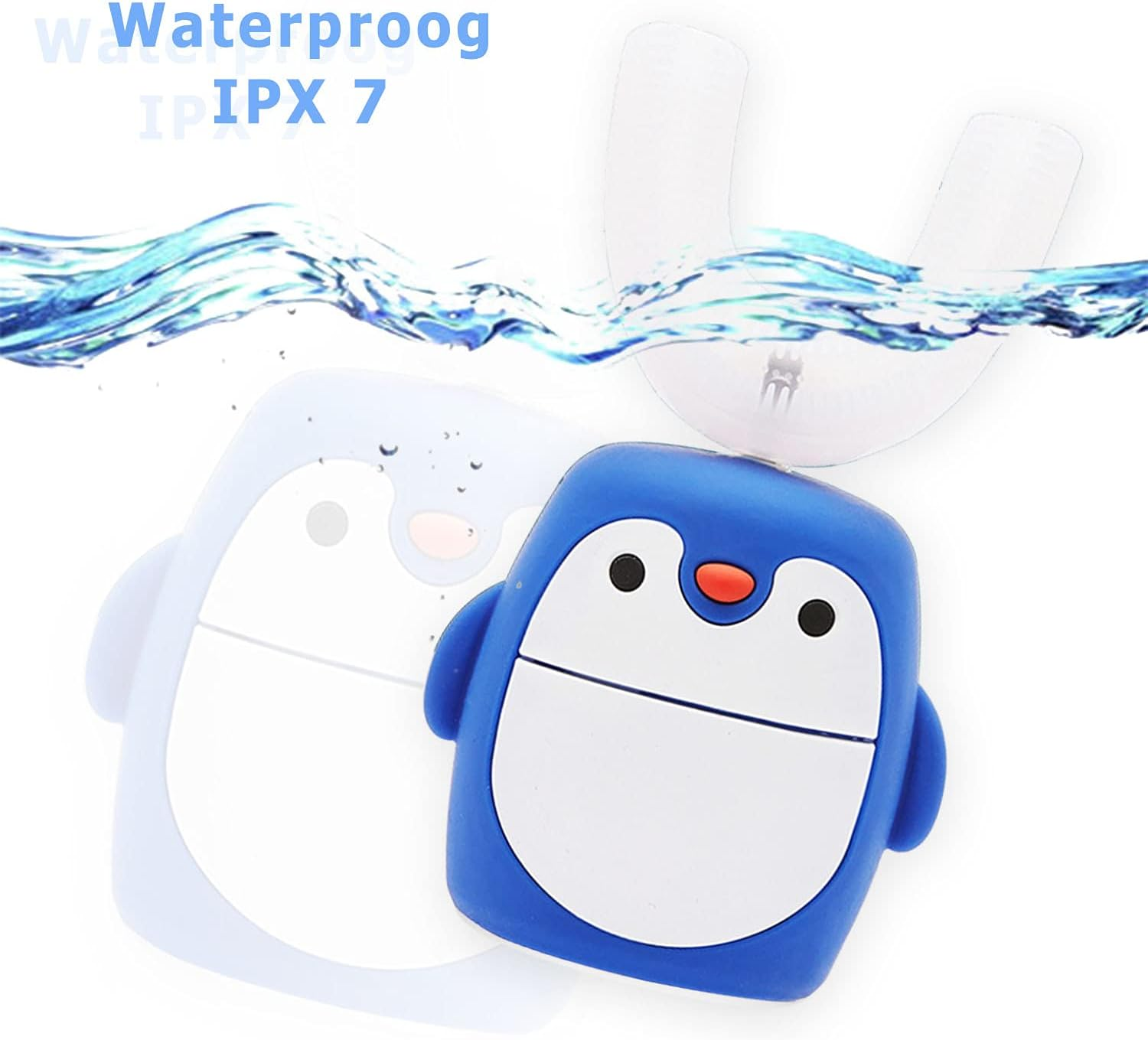 Blaues Pinguin-Zahnbürste im Wasser. Text: Wasserdicht IPX 7. Weißer Hintergrund.