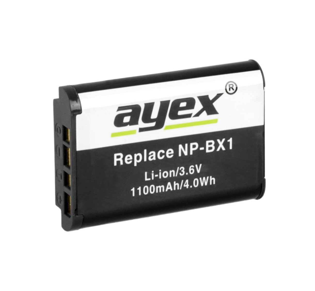 Schwarz-weiße Batterie mit Text, Markenname 'ayex'.