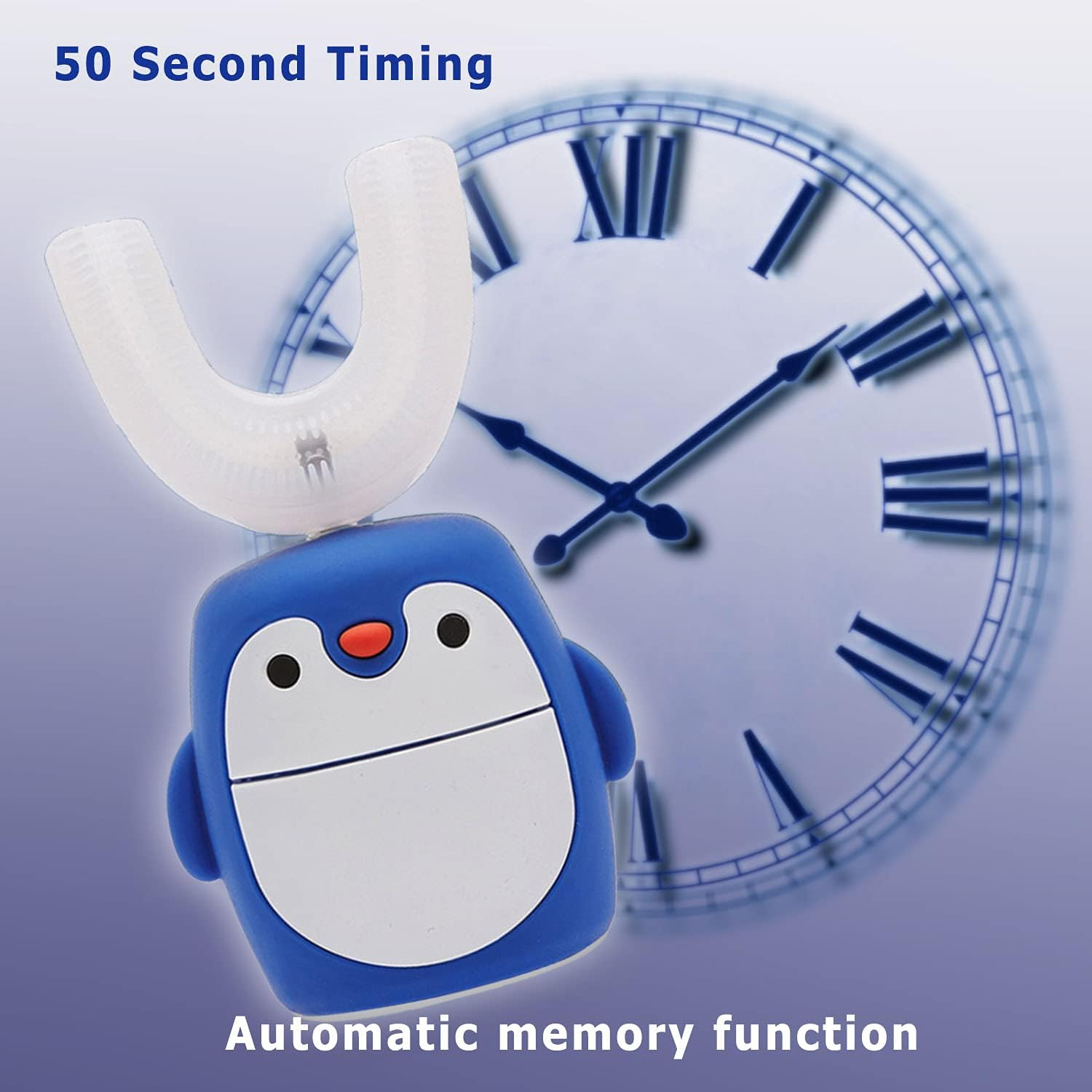 Blaue Pinguin-Zahnbürste mit Uhr-Hintergrund. Text: 50 Sekunden Timing.