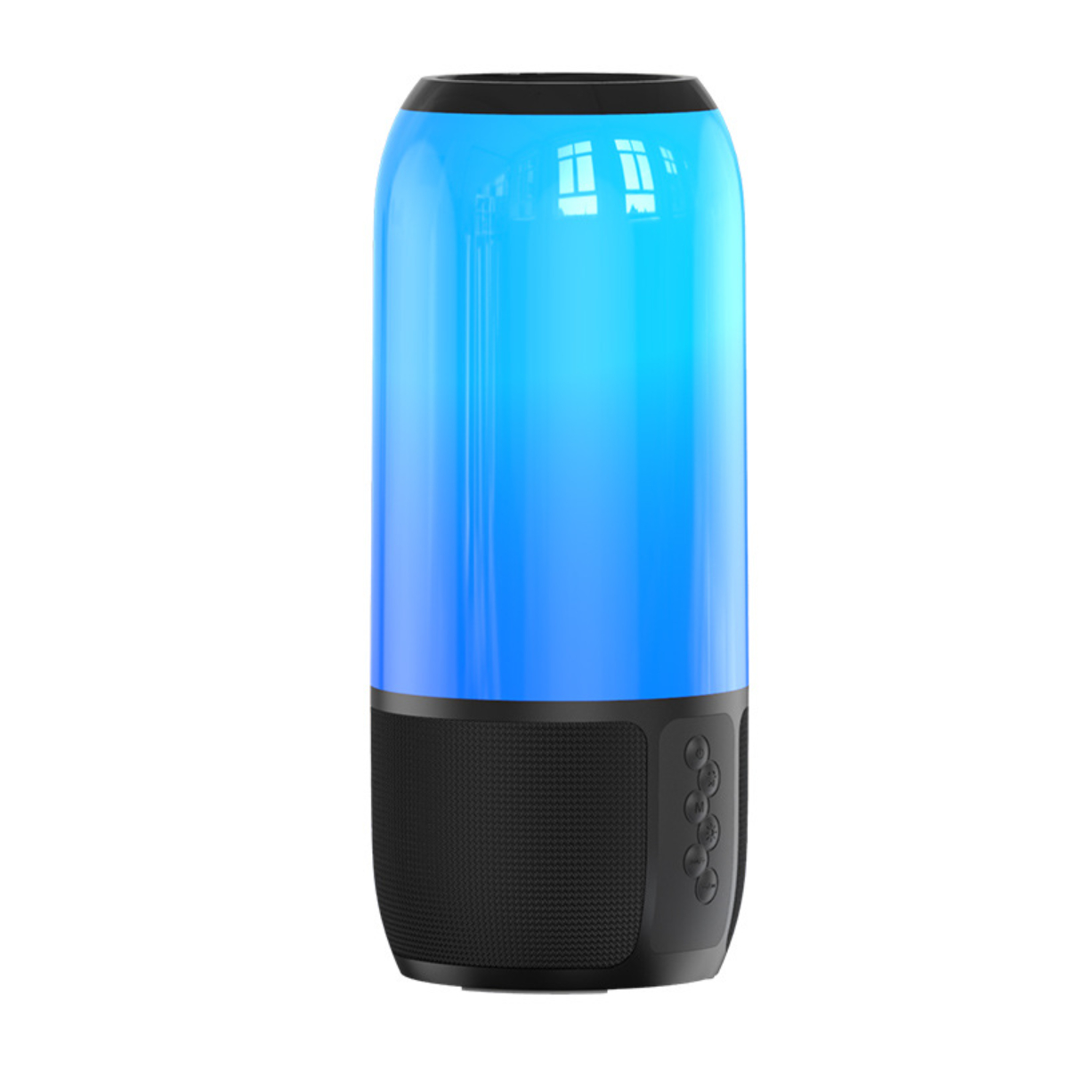 Zylindrischer Bluetooth-Lautsprecher mit schwarzer Basis und blauem Farbverlauf.