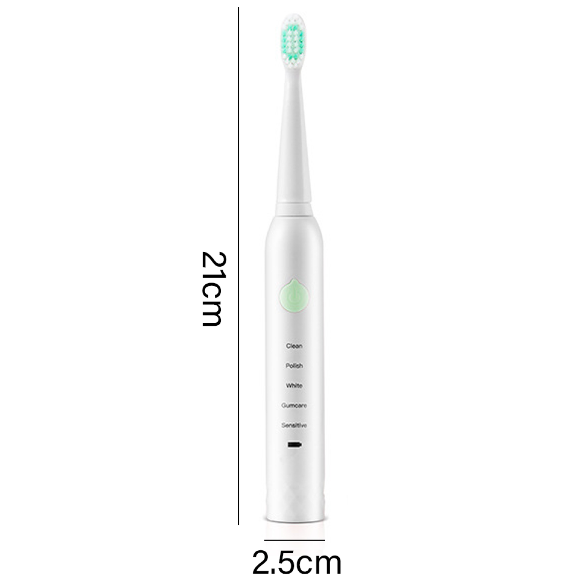 Weiße elektrische Zahnbürste mit grünem Knopf. Die Bürste ist 21cm lang, 2,5cm breit.