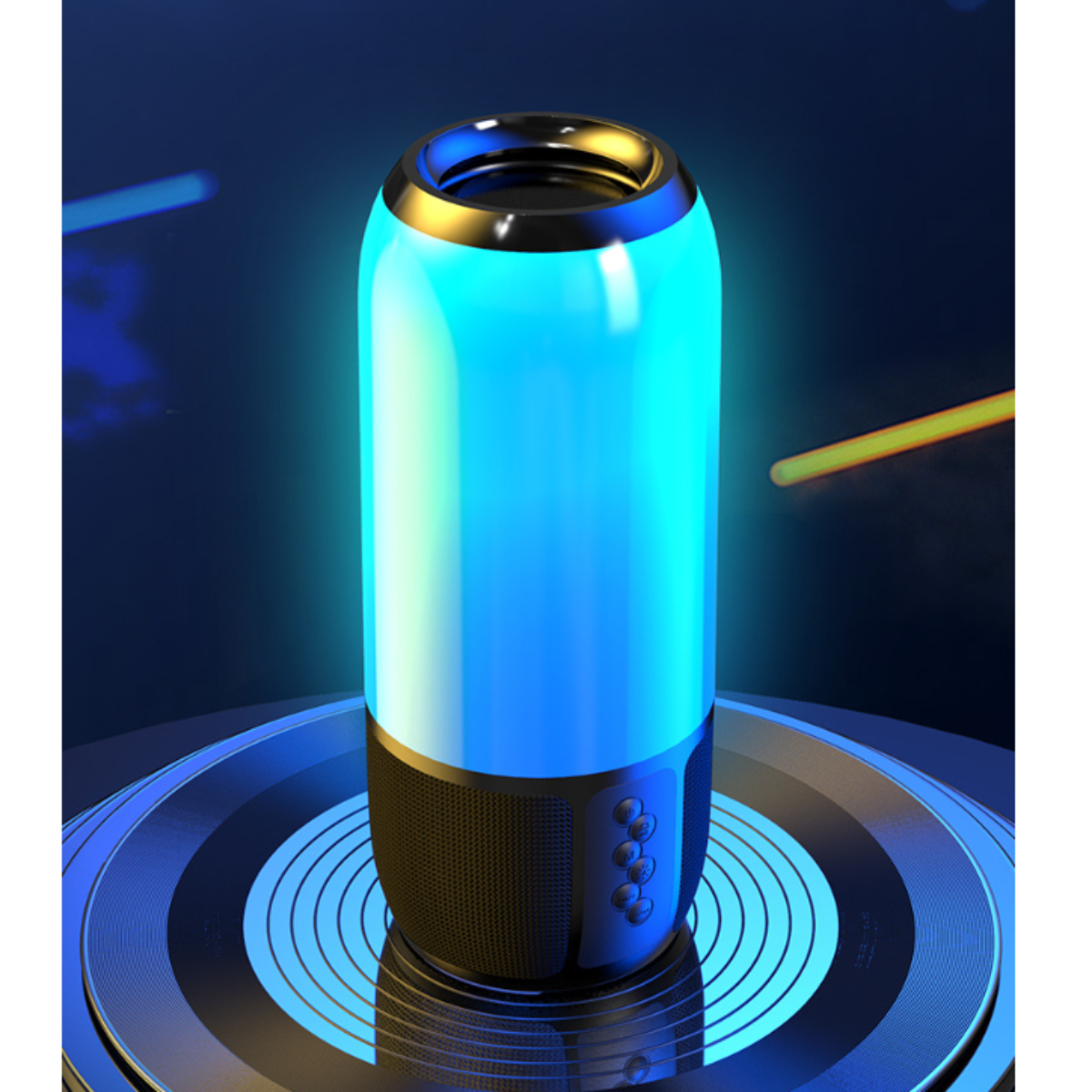Ein blauer, zylindrischer Lautsprecher mit schwarzem Sockel und goldenen Zierleisten, der blau leuchtet.