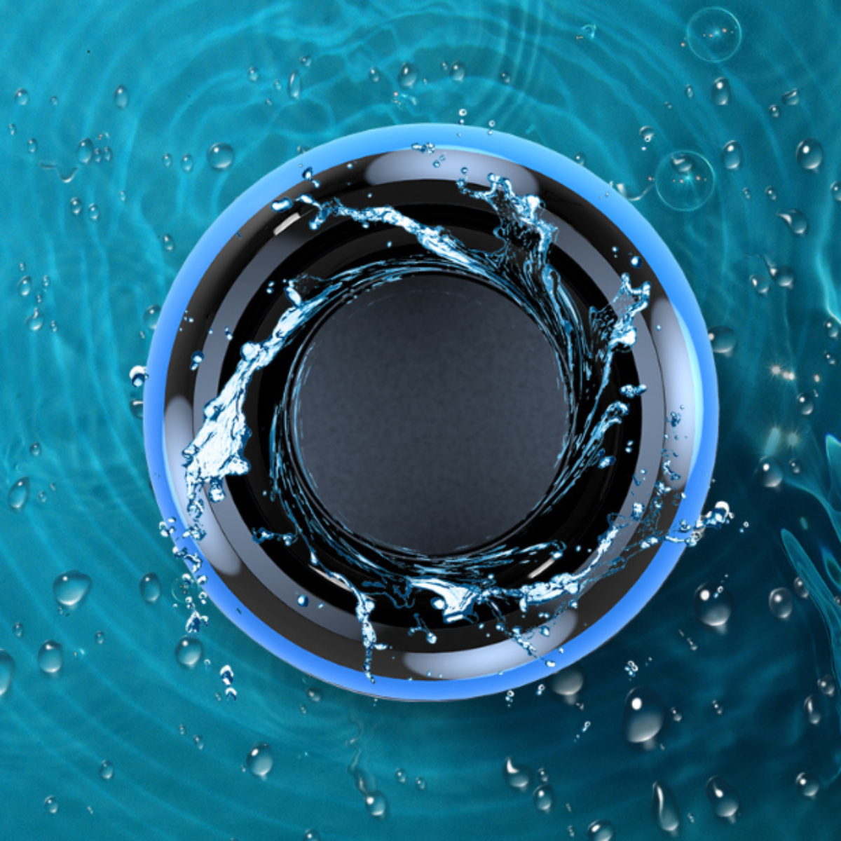 Ein schwarz-blauer Lautsprecher mit herausspritzendem Wasser. Das Wasser hat blaue Glanzlichter.