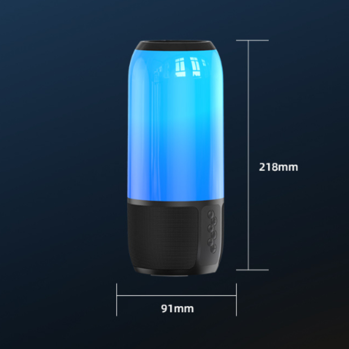 Blau-schwarzer Lautsprecher. Mit Touchpanel, 218 mm hoch und 91 mm breit.
