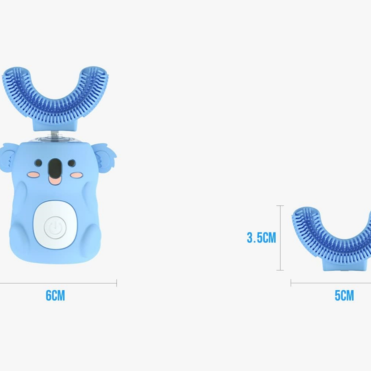Blaue zahnbürste in Koalaform mit U-förmigem Bürstenkopf und eine kleinere daneben.