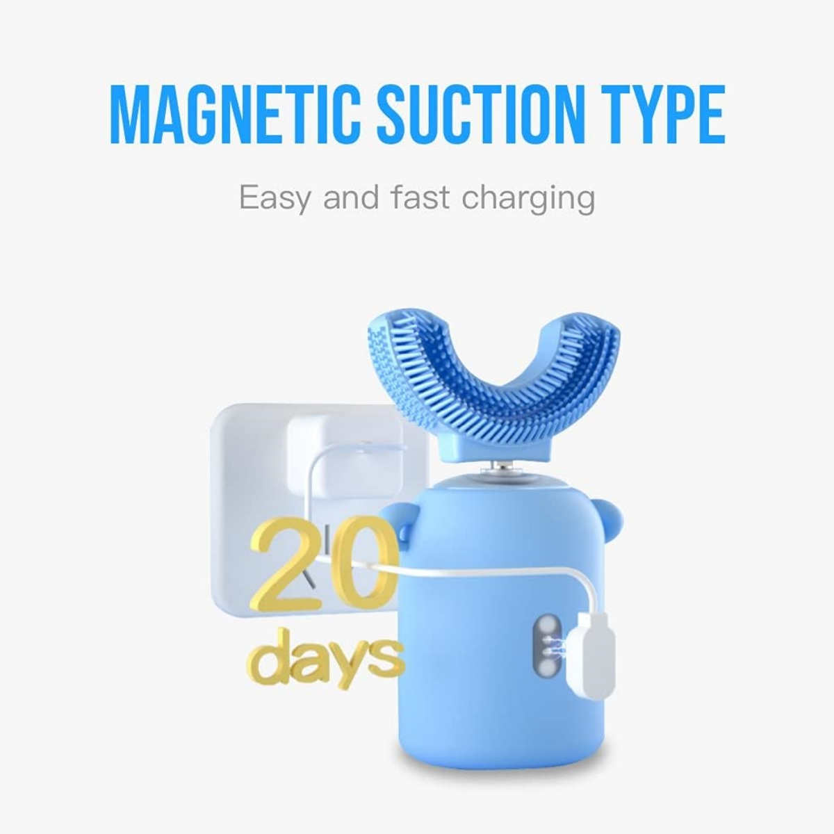 Blaue Zahnbürste mit Ladestation, Text: Magnetische Saugtyp, einfaches und schnelles Aufladen.