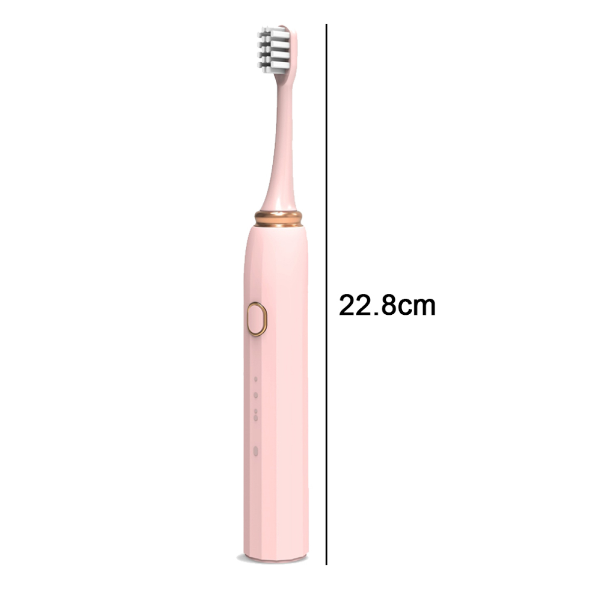 Rosa elektrische Zahnbürste, 22,8 cm lang. Weiße Borsten, goldfarbene Akzente, weißer Hintergrund.