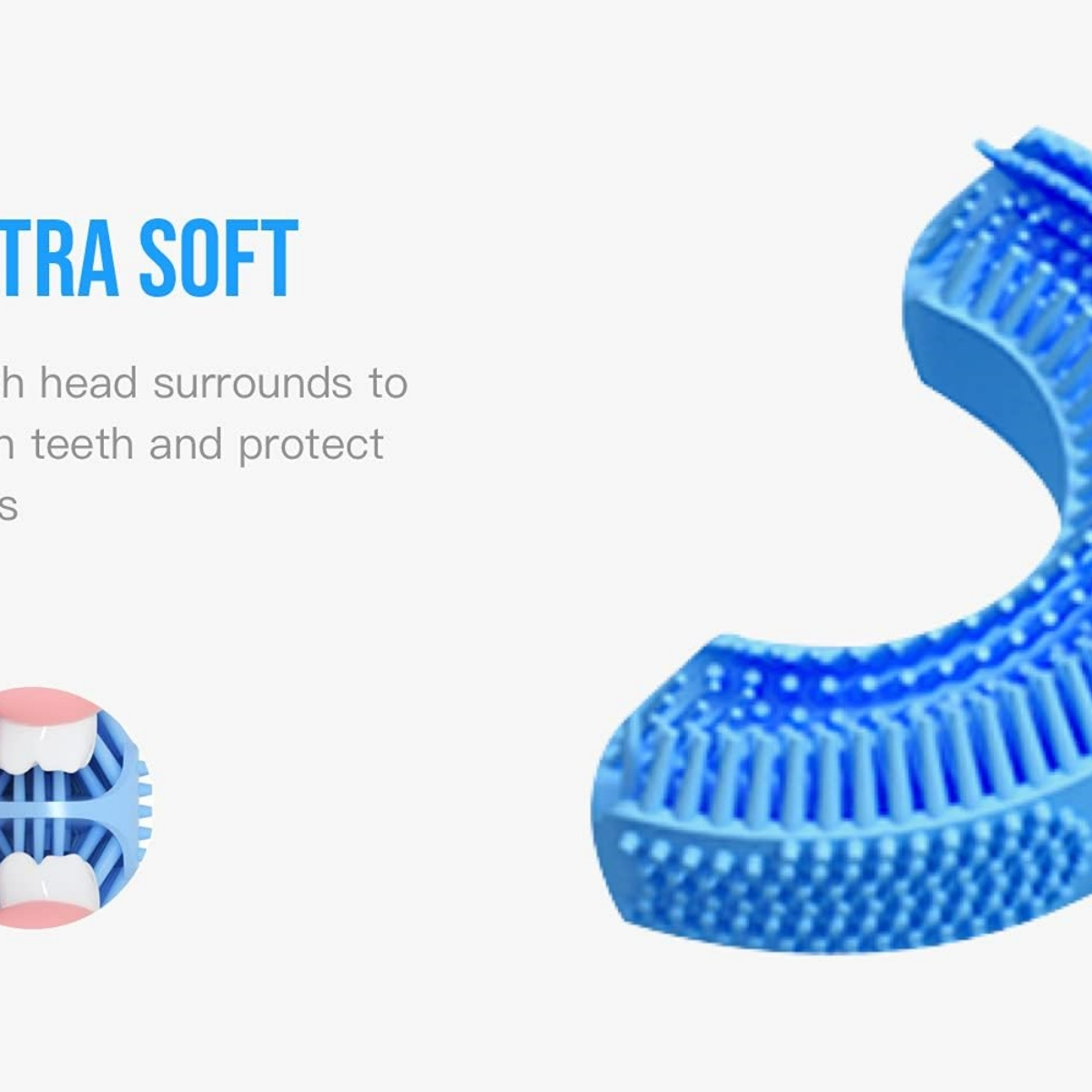Ein blauer U-förmiger Zahnbürstenkopf mit vielen Borsten. Der Text "ULTRA SOFT" ist sichtbar.