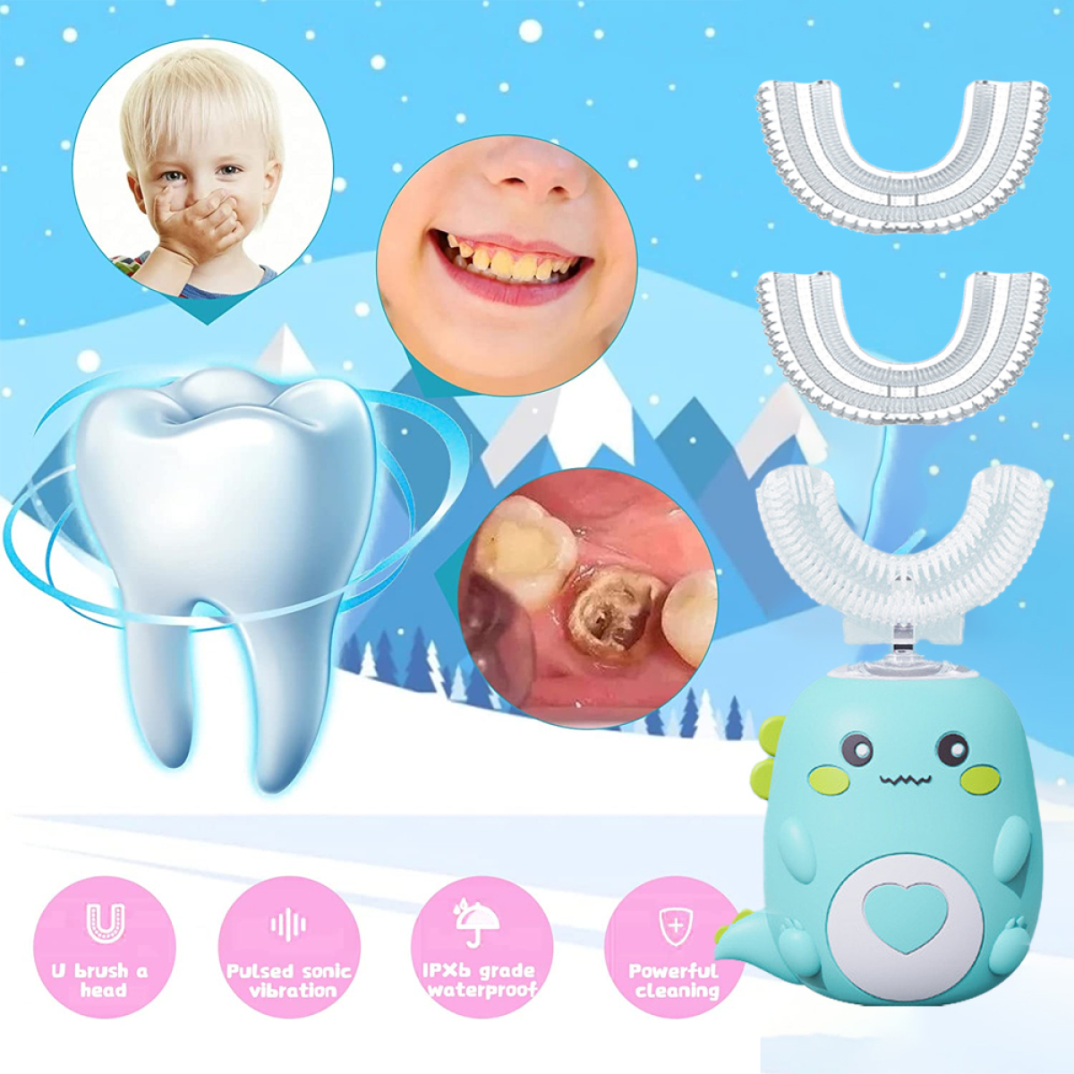 Zahnbürste, Kind und Zahnaufnahmen. Weiße Zähne, Karies, Bürste und Produktdetails.
