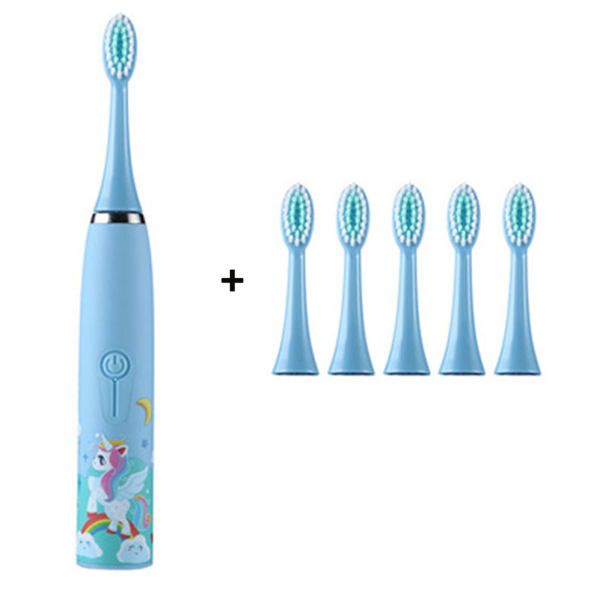 Blaue elektrische Zahnbürste mit Einhorn-Design und zusätzlichen Bürstenköpfen auf weißem Grund.