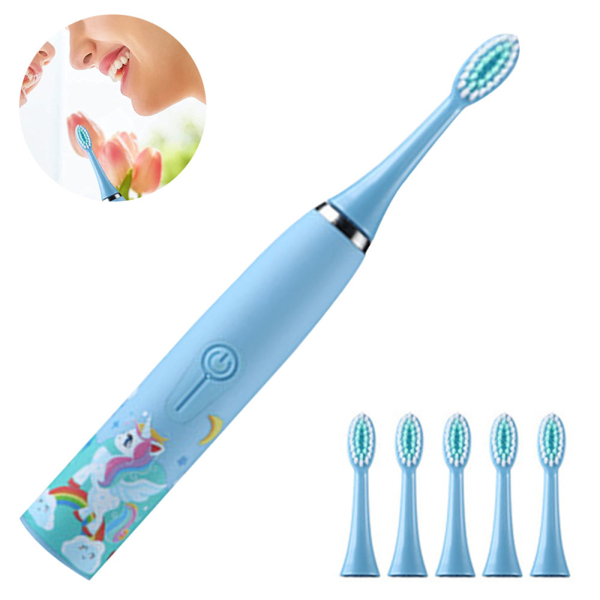 Blaue elektrische Zahnbürste mit Einhorn-Design und zusätzlichen Bürstenköpfen.