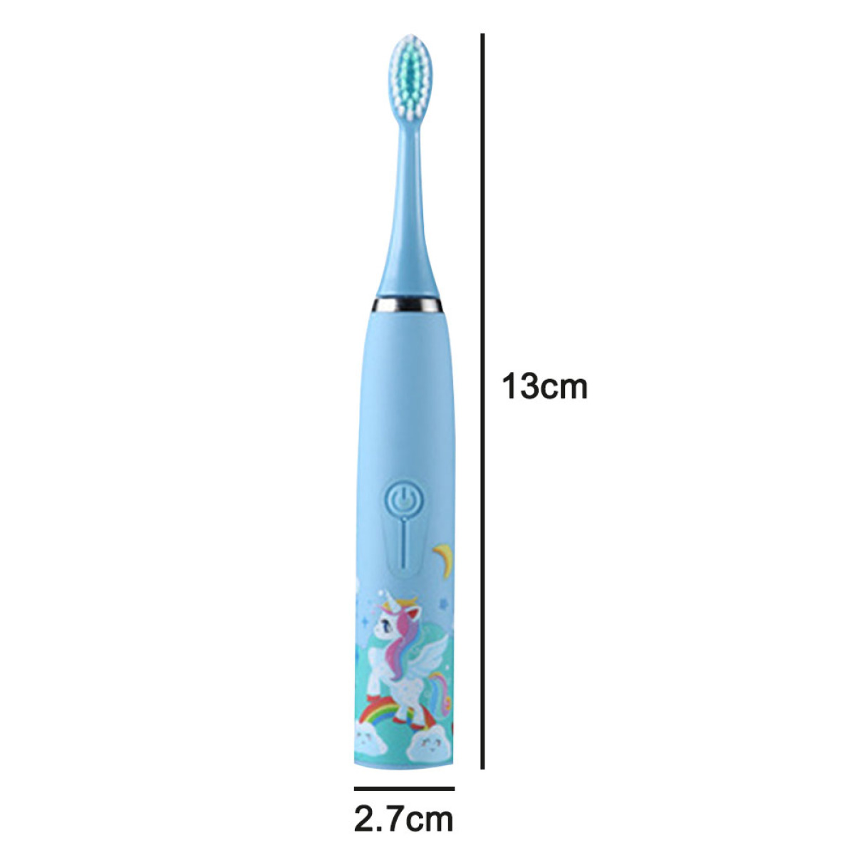 Eine blaue elektrische Zahnbürste mit Einhorn-Design. Sie hat einen Knopf und eine Messung von 13 cm.