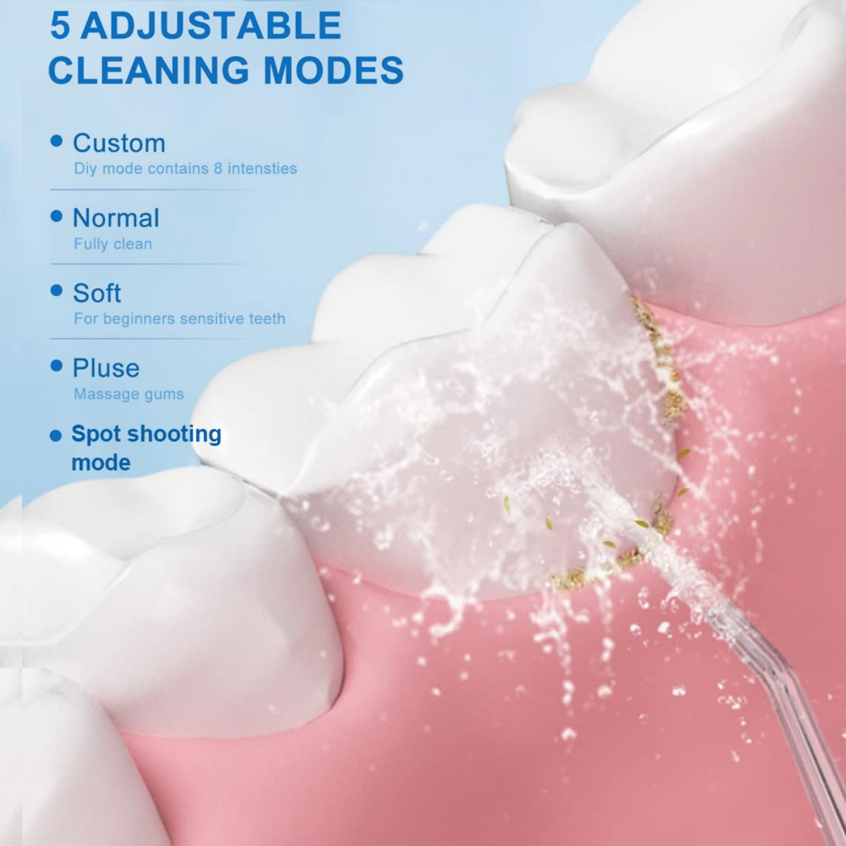 Zahnwasser-Flosser mit 5 Reinigungsmodi. Wasserstrahl reinigt Zähne. Rosa Zahnfleisch.
