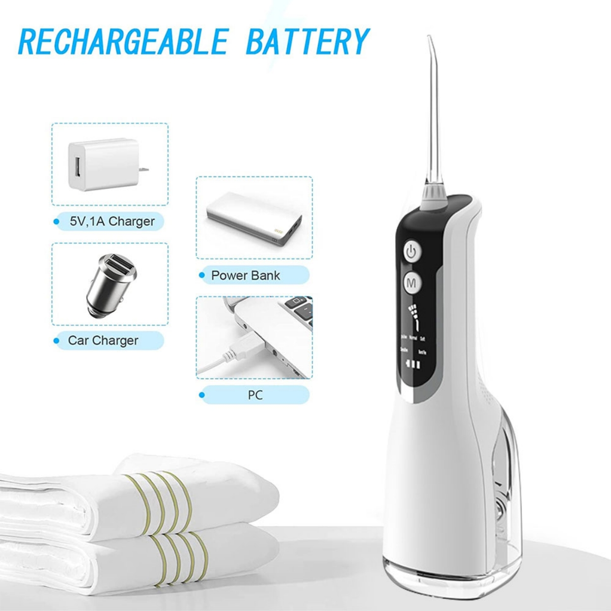 Weißer und grauer Wasserfloßer mit Zubehör. Ladegeräte und Powerbank sind abgebildet.