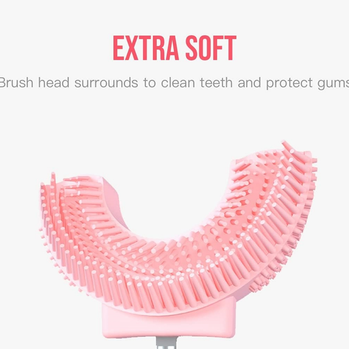 Ein rosa U-förmiger Zahnbürstenkopf mit vielen Borsten. Text: 'EXTRA SOFT' und 'Brush head...'