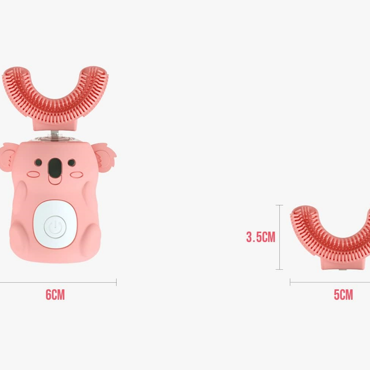 Eine rosa koala-förmige Zahnbürste und ein Bürstenkopf rechts. Messungen werden angezeigt.