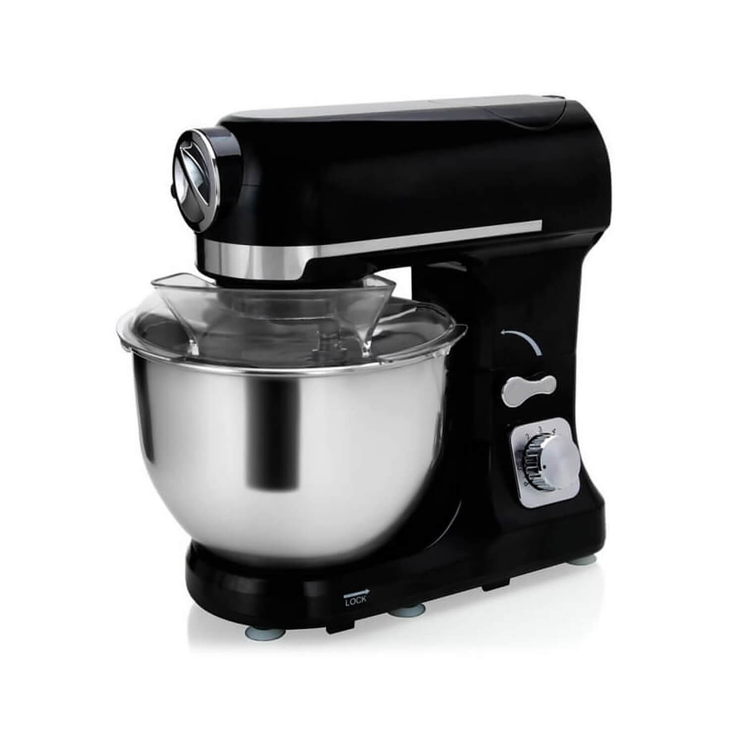 Ein schwarzer Küchenmixer mit einer Edelstahlschüssel und einer durchsichtigen Kunststoffabdeckung.