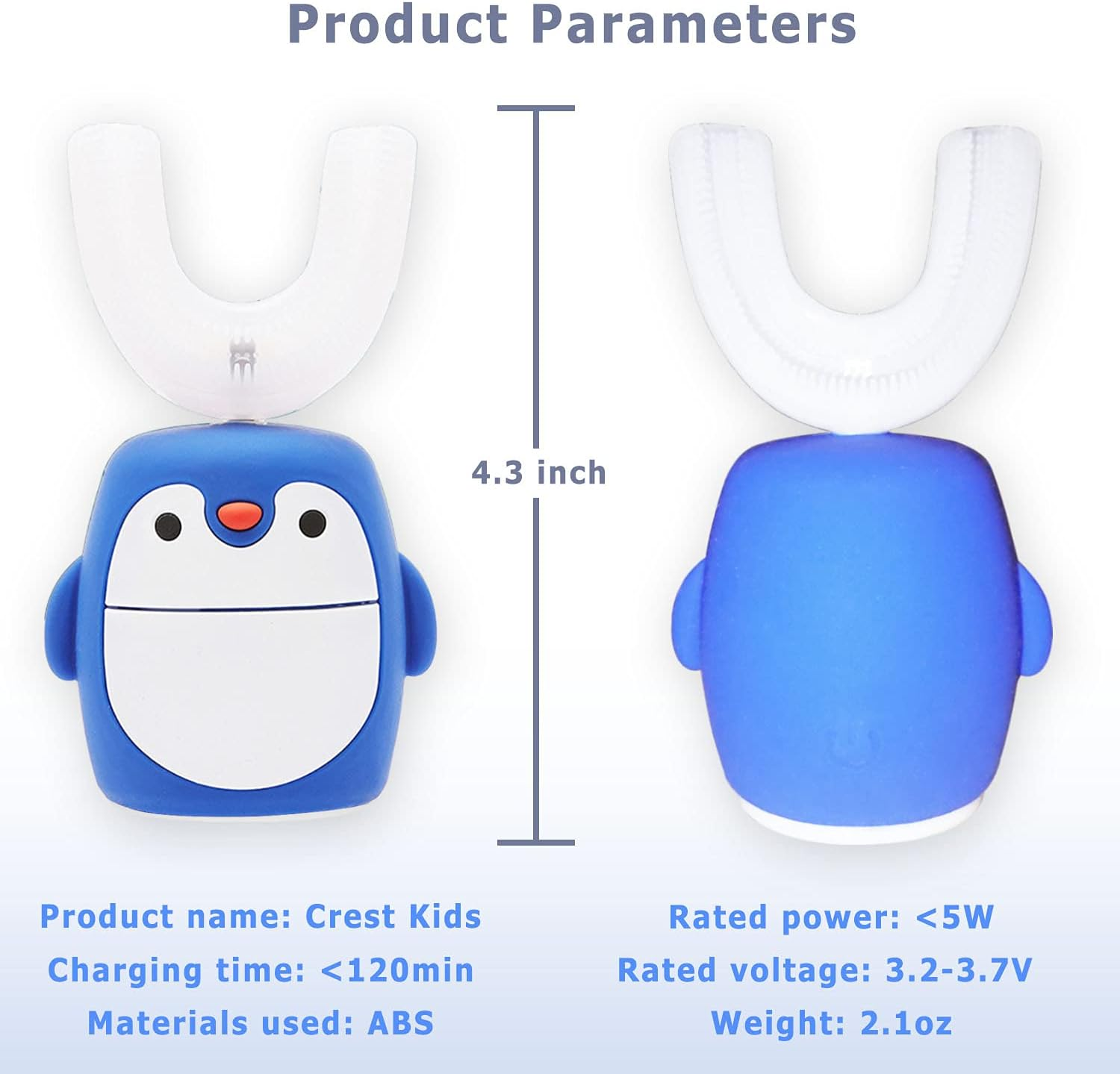 Eine blaue und weiße Crest Kids Zahnbürste mit Produktinformationen und Abmessungen. Es hat die Form eines Pinguins.