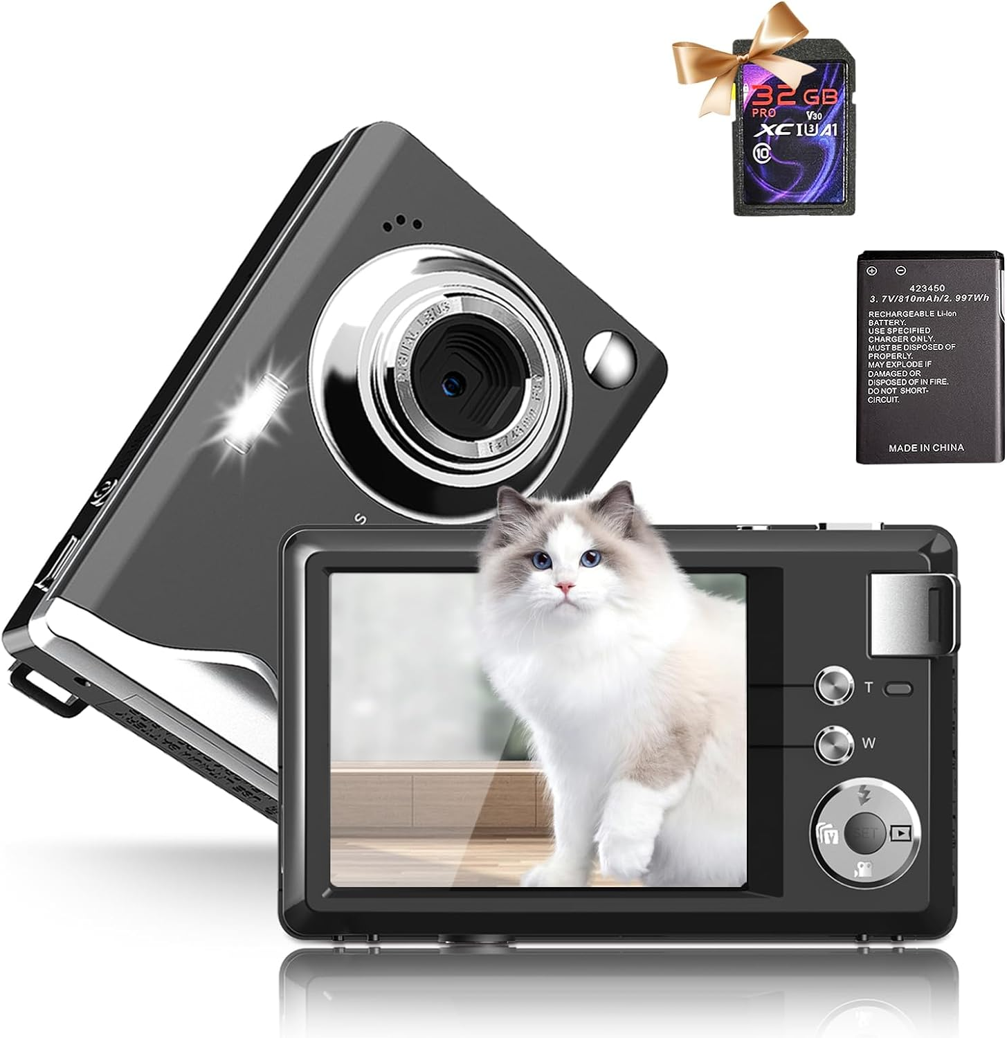 Schwarze Digitalkamera mit Katzenbild auf dem Bildschirm, plus SD-Karte und Akku.