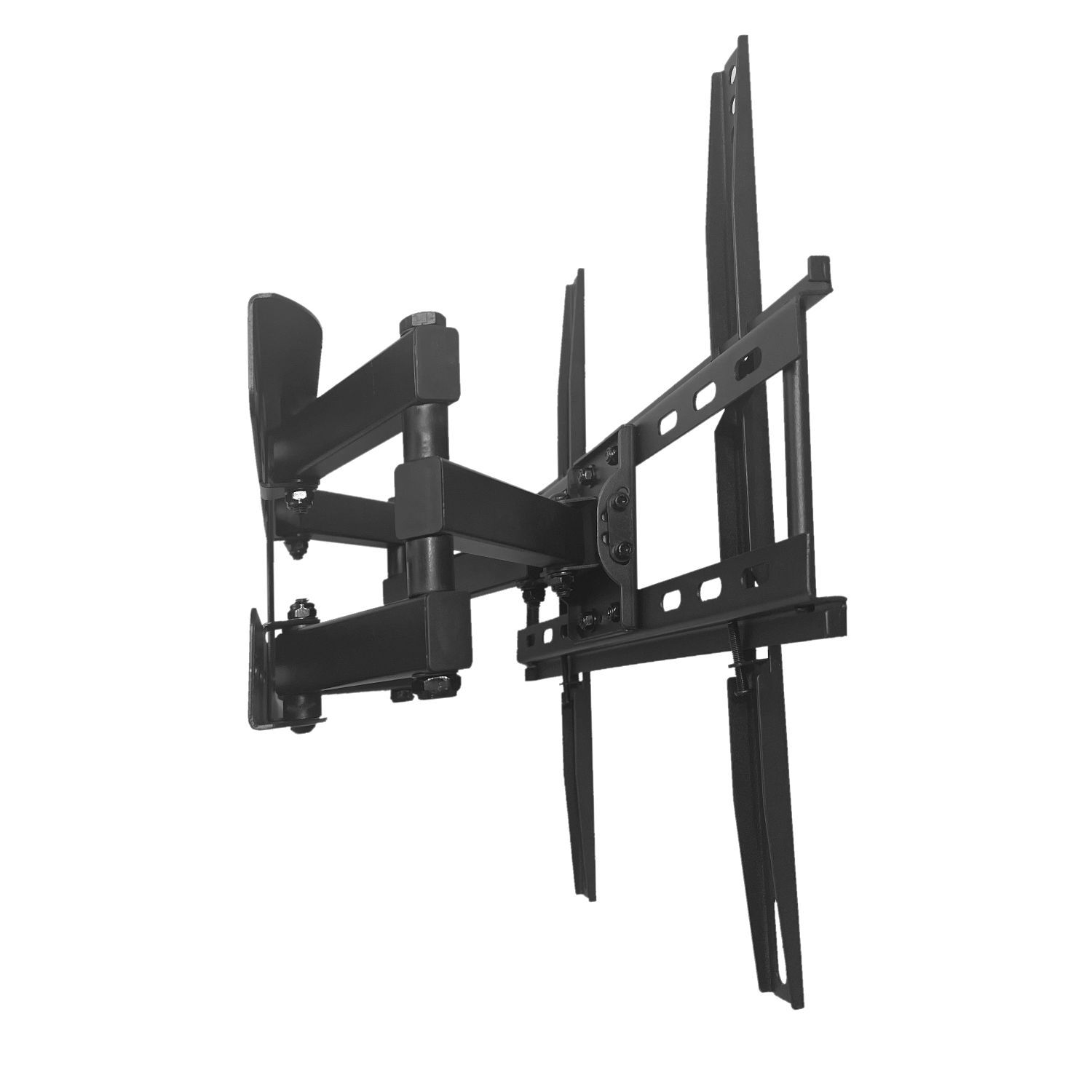 Eine schwarze TV-Halterung für eine Wand. Es hat mehrere Arme und Befestigungspunkte.