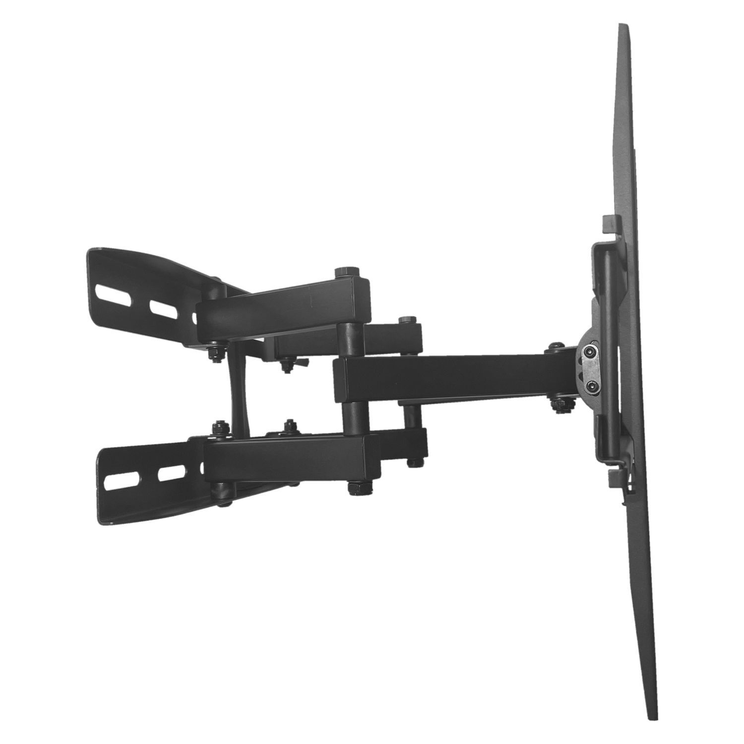 Eine schwarze TV-Halterung wird auf weißem Hintergrund gezeigt. Sie besteht aus Metall und hat eine horizontale Klemme.