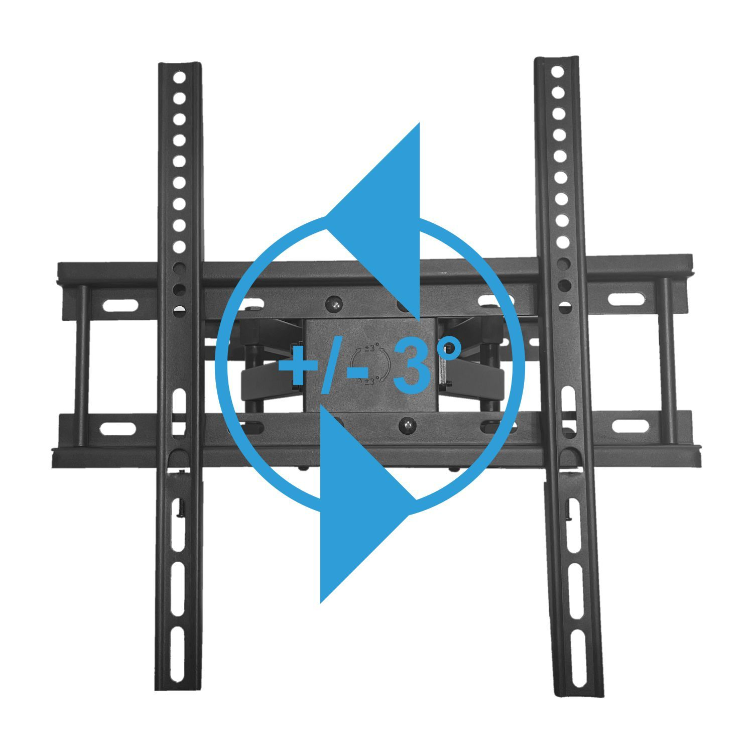 Schwarze TV-Halterung mit blauen Pfeilen. Die Halterung hat Löcher. Weißer Hintergrund.