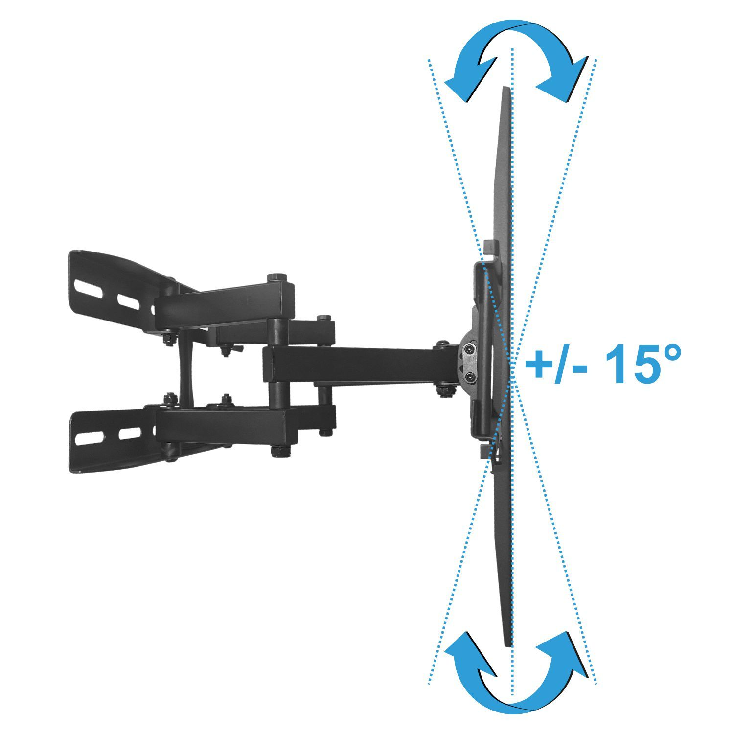 Schwarze TV-Wandhalterung mit Neigefunktion, Pfeile zeigen +/- 15 Grad an.