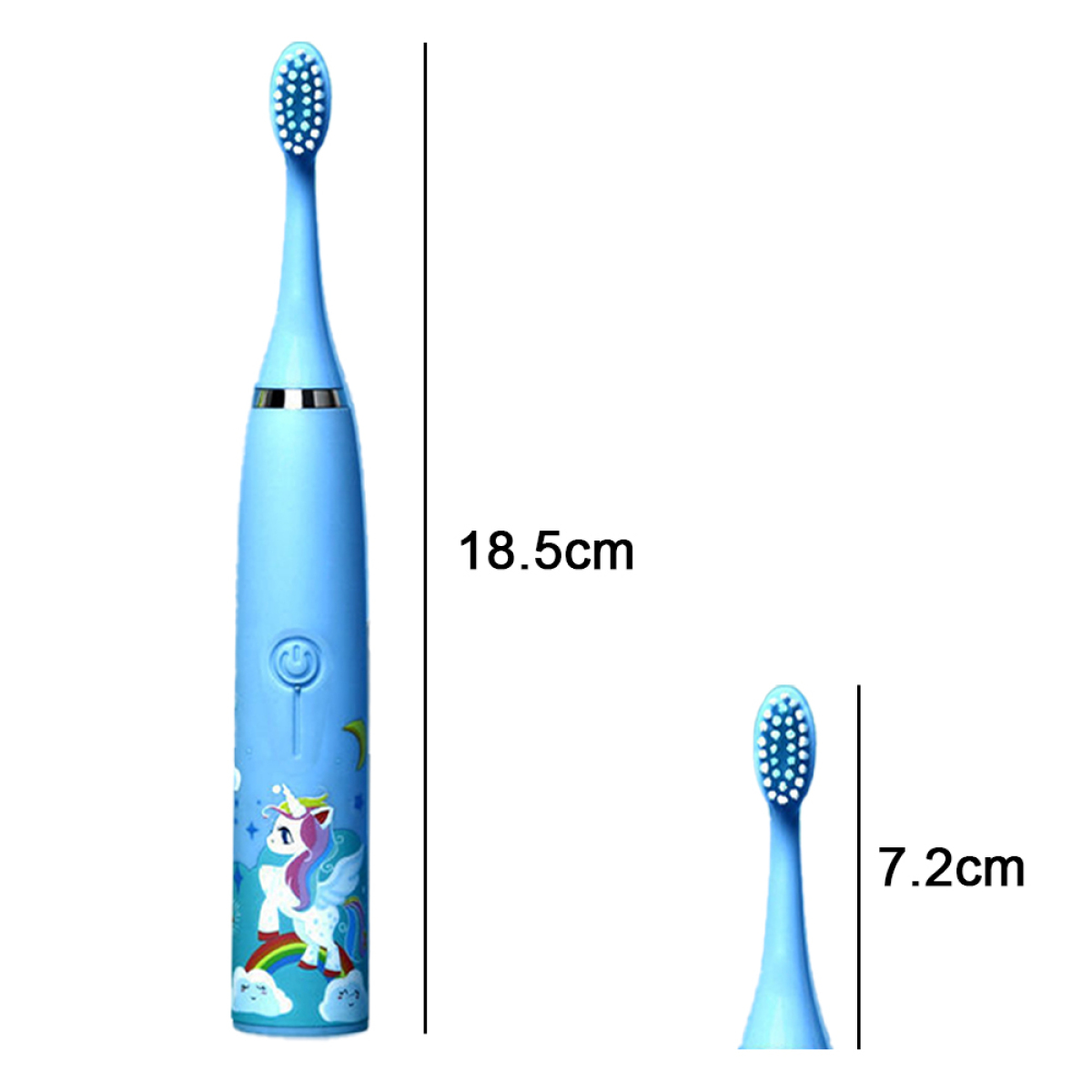 Blaue elektrische Zahnbürste mit Einhorn-Design, neben einem kleineren Bürstenkopf, weiß.