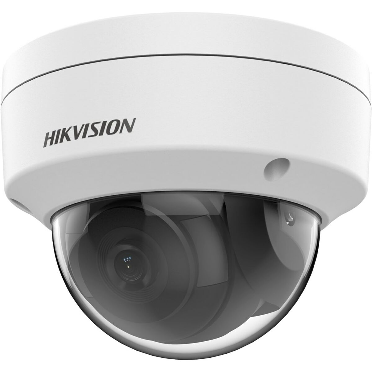 Weiße Hikvision Dome-Überwachungskamera mit transparentem Dome und prominentem Markennamen.