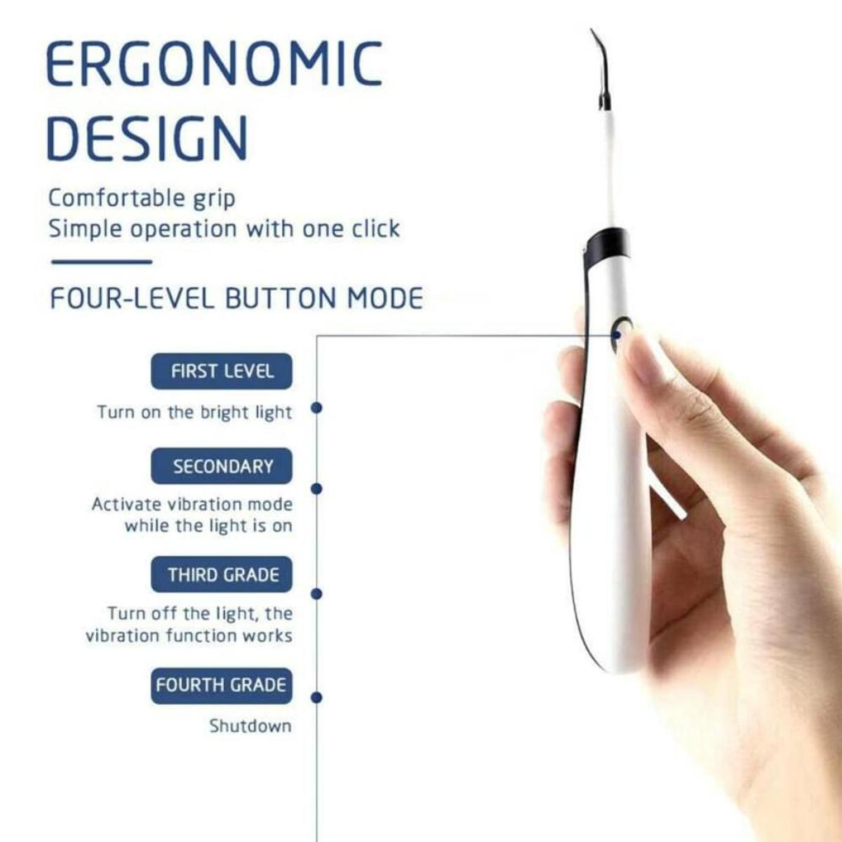 Eine Illustration, die ein ergonomisches Mundhygiene-Werkzeug zeigt. Der Text beschreibt seine Eigenschaften und Modus.