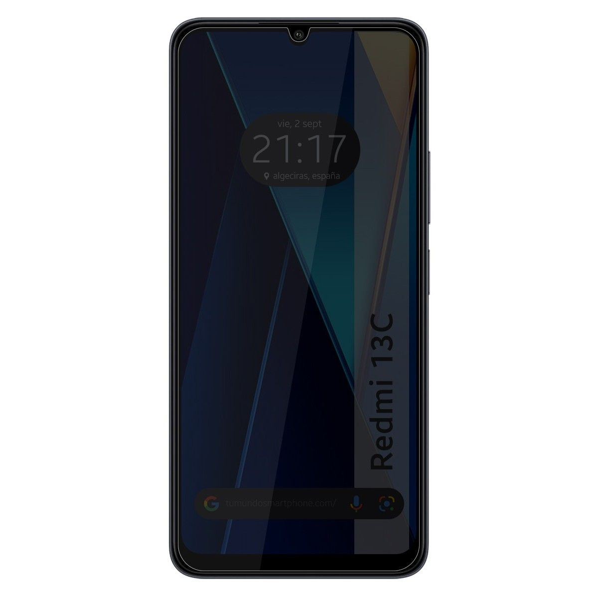Uno smartphone con schermo nero e l'ora 21:17. Il telefono è nero con la scritta 'Redmi 13C'.