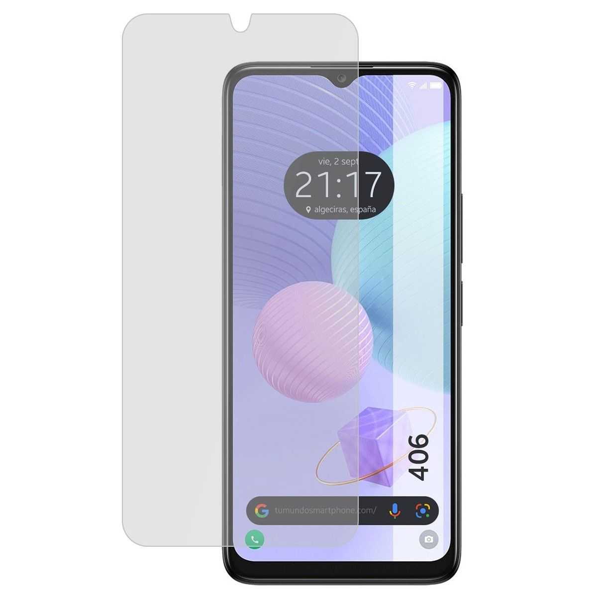 Uno schermo di smartphone con una protezione per lo schermo applicata, che mostra l'ora e le app.