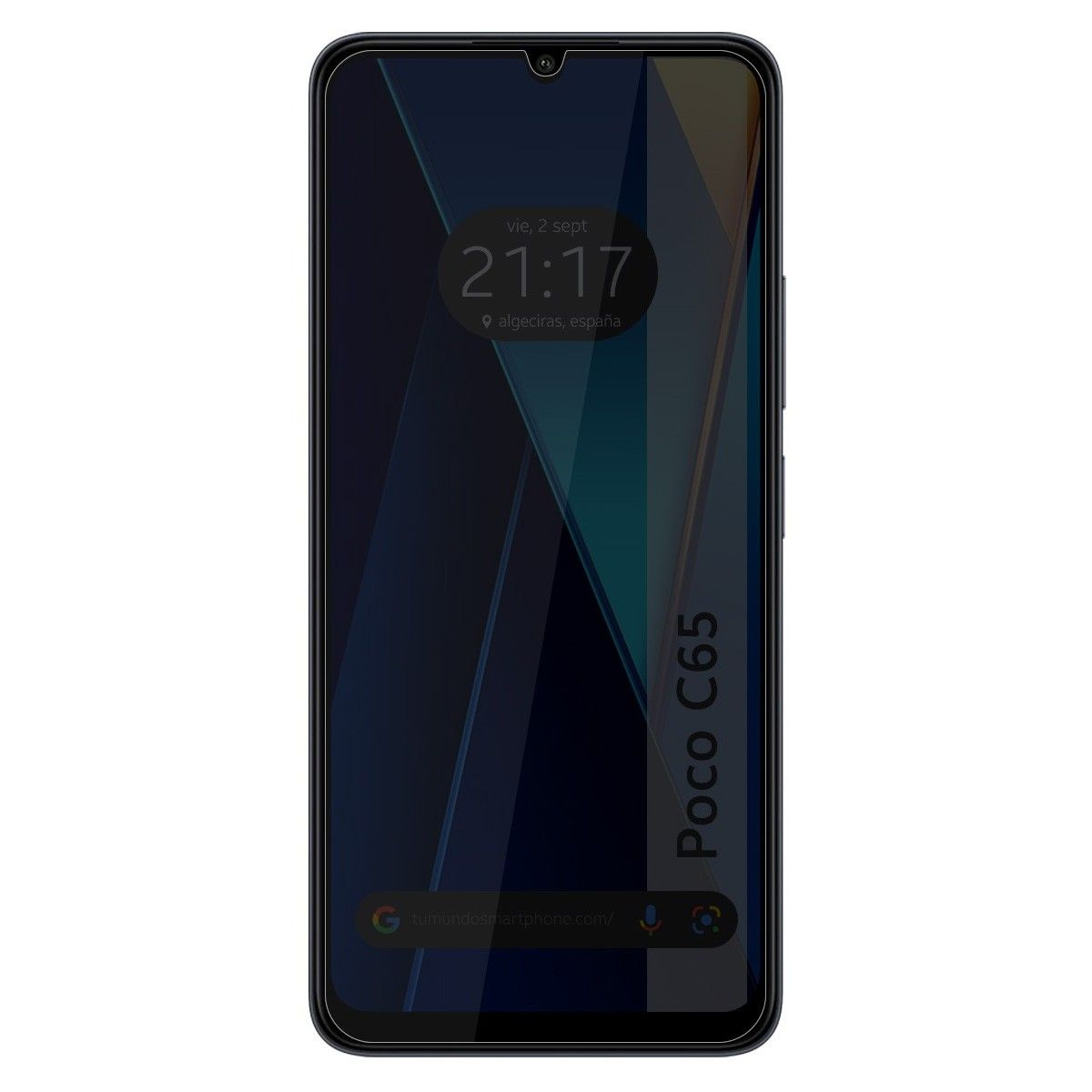 Smartphone Poco C65 con schermo che mostra l'ora. Il telefono è nero e ha un notch a goccia.