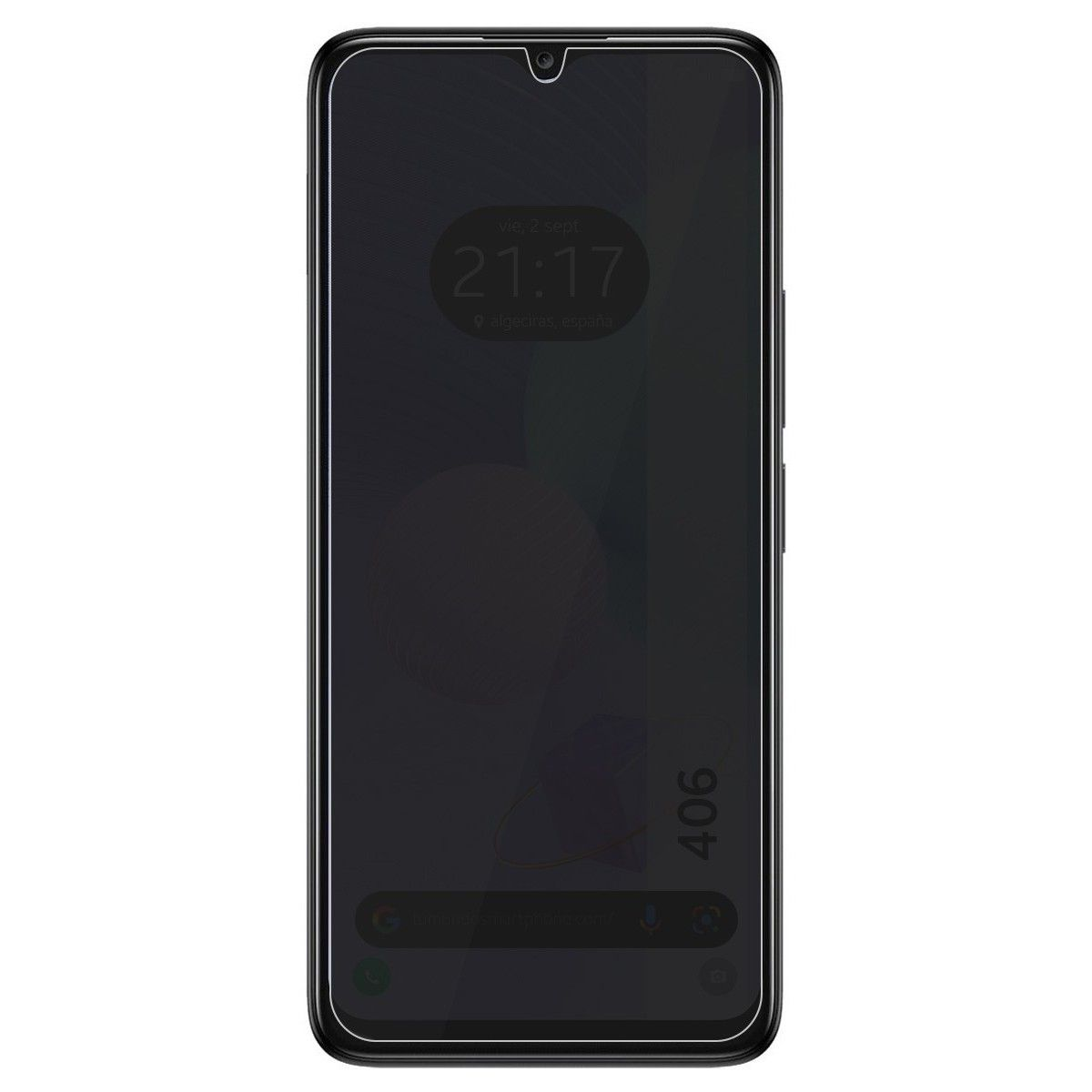Schermo nero del telefono con ora e data. Testo 406 sul lato destro.